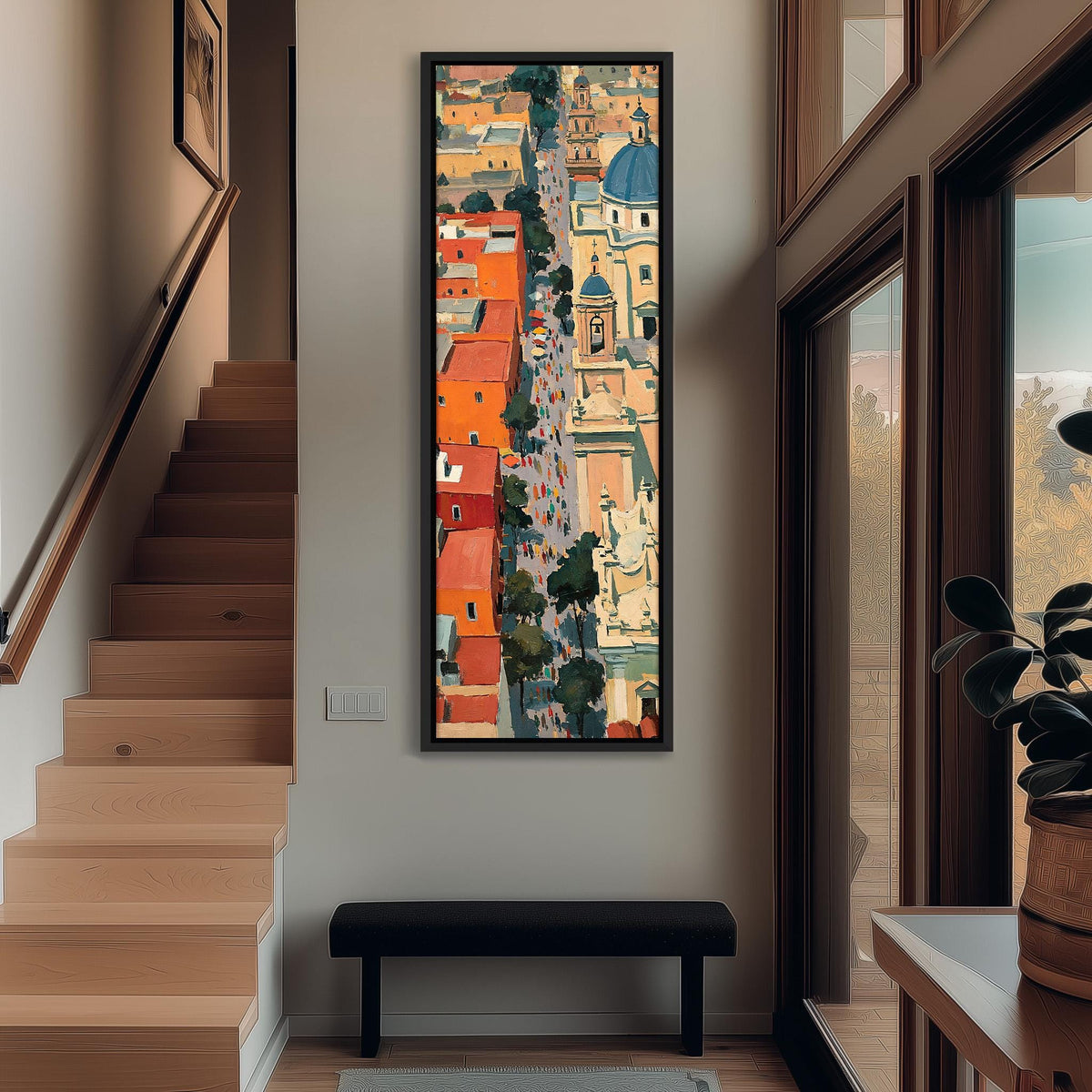 Procession through a colorful old town seen from above tall narrow canvas print beside a staircase in an entryway