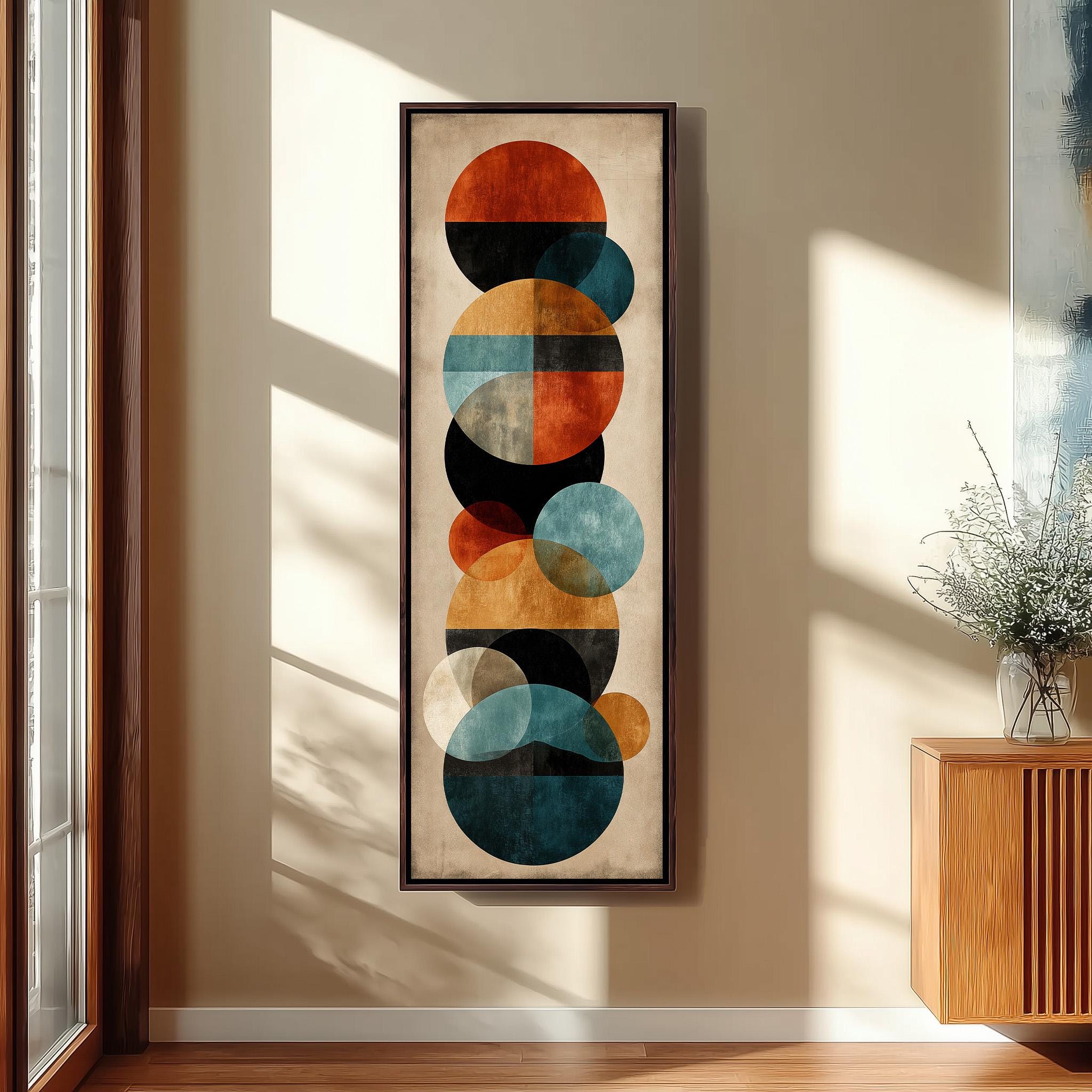 a large abstract painting hanging on a wall, depicting a series of circles in various sizes and colors.