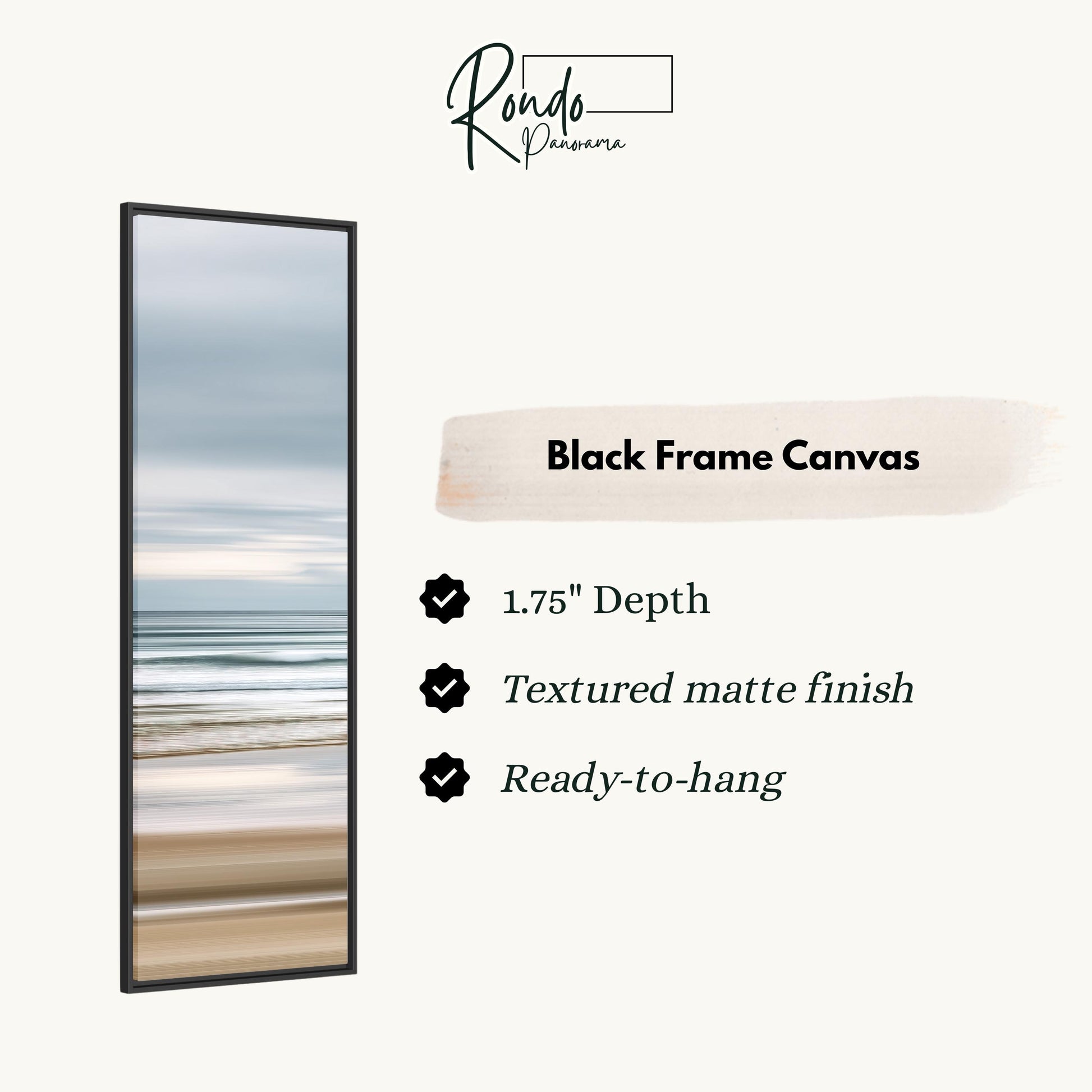 The image is a product description for a black frame canvas. It features a beach scene with a 1.75" depth, a textured matte finish, and is ready to hang.