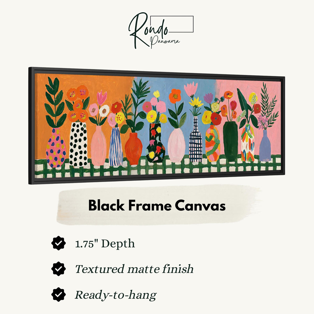 Folk art flower vases on orange and blue canvas print in a black floating frame