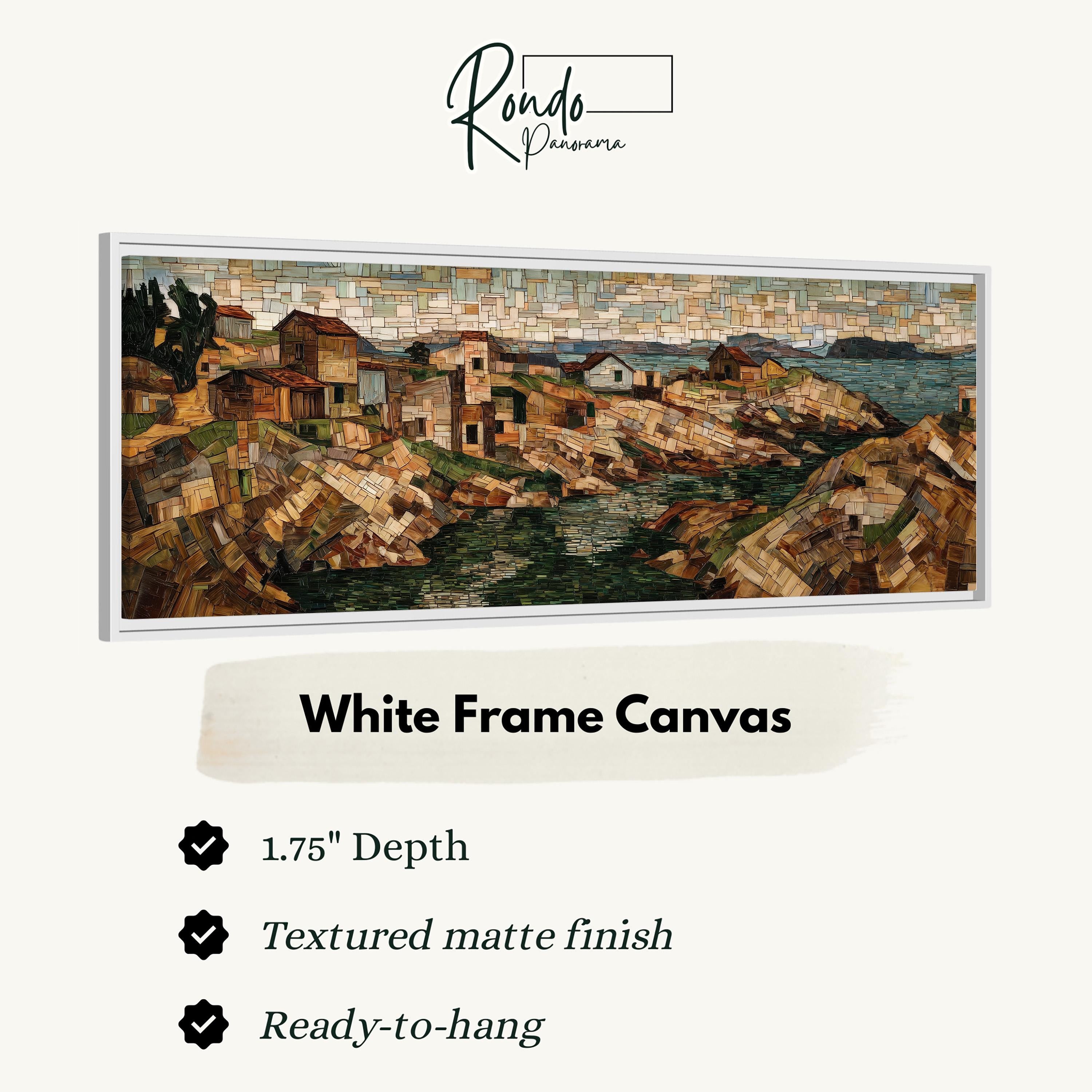 The image is a white frame canvas depicting a coastal town with buildings and a river.