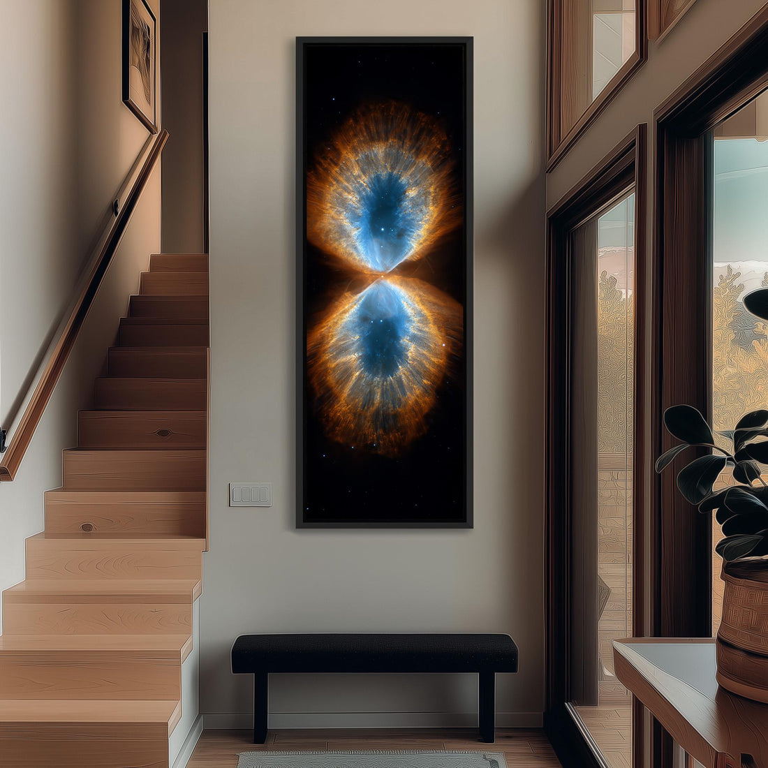 a large framed artwork depicting a vibrant, colorful nebula or cosmic phenomenon, hanging on a wall in a room with natural light streaming in from a window.
