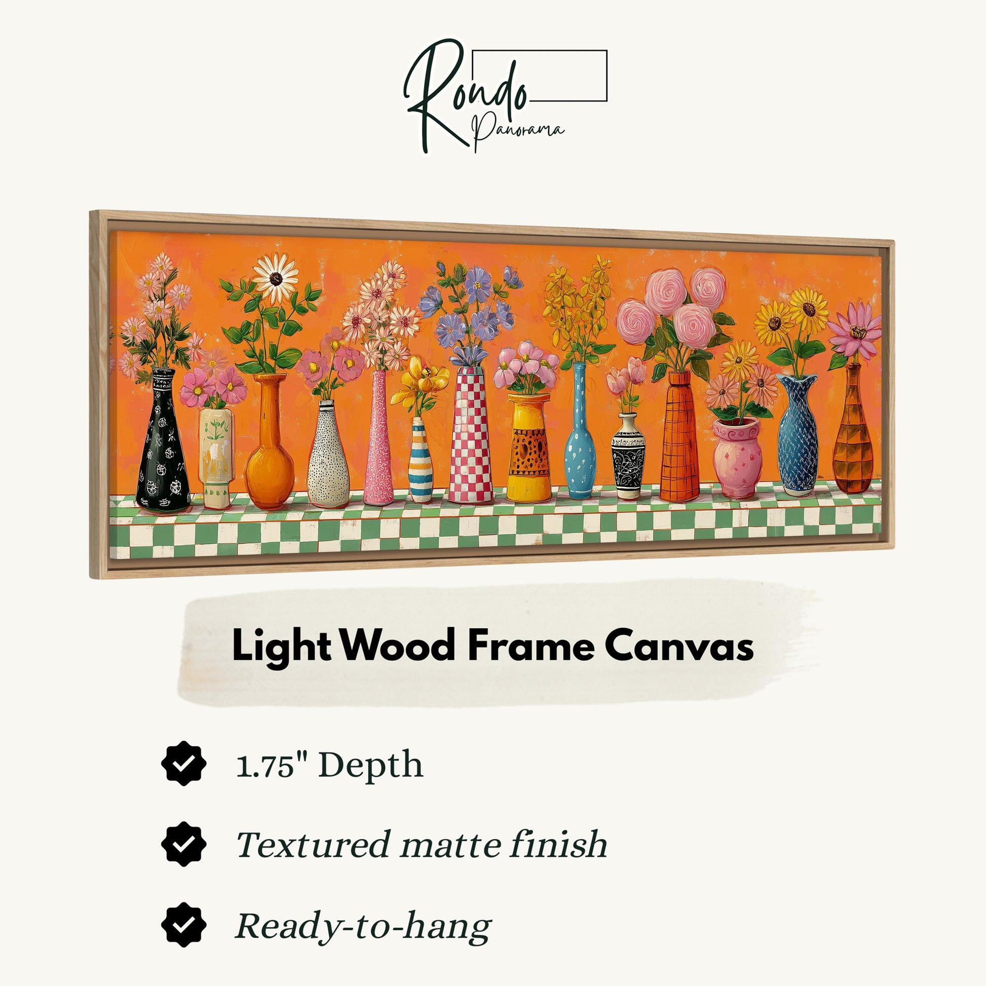 The image is a light wood frame canvas featuring a row of colorful vases with flowers on a checkered tablecloth.