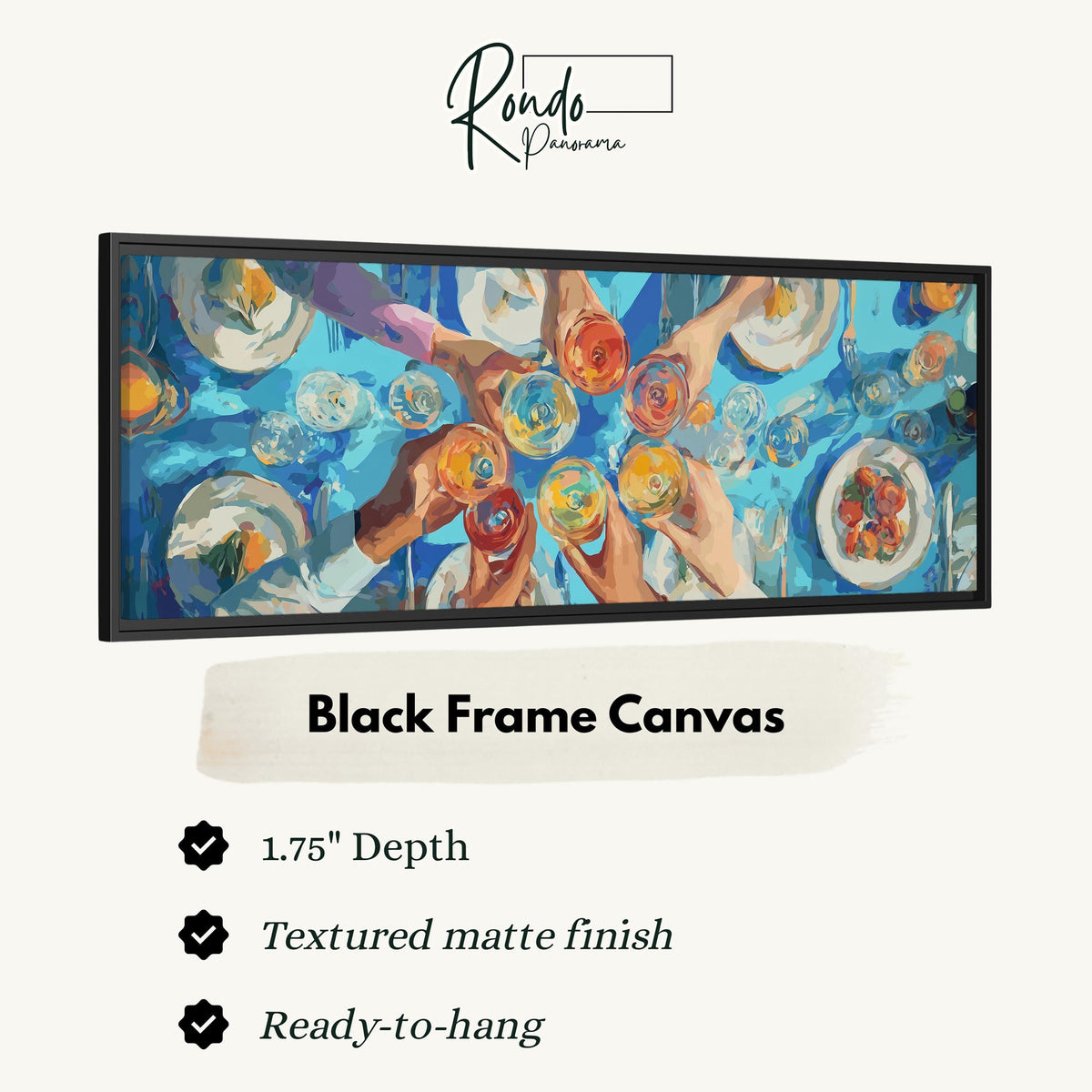 Friends toasting over a blue table from above canvas print in a black floating frame