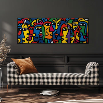 a modern art piece with abstract faces in various colors and styles, displayed on a wall above a black and white checkered sofa.
