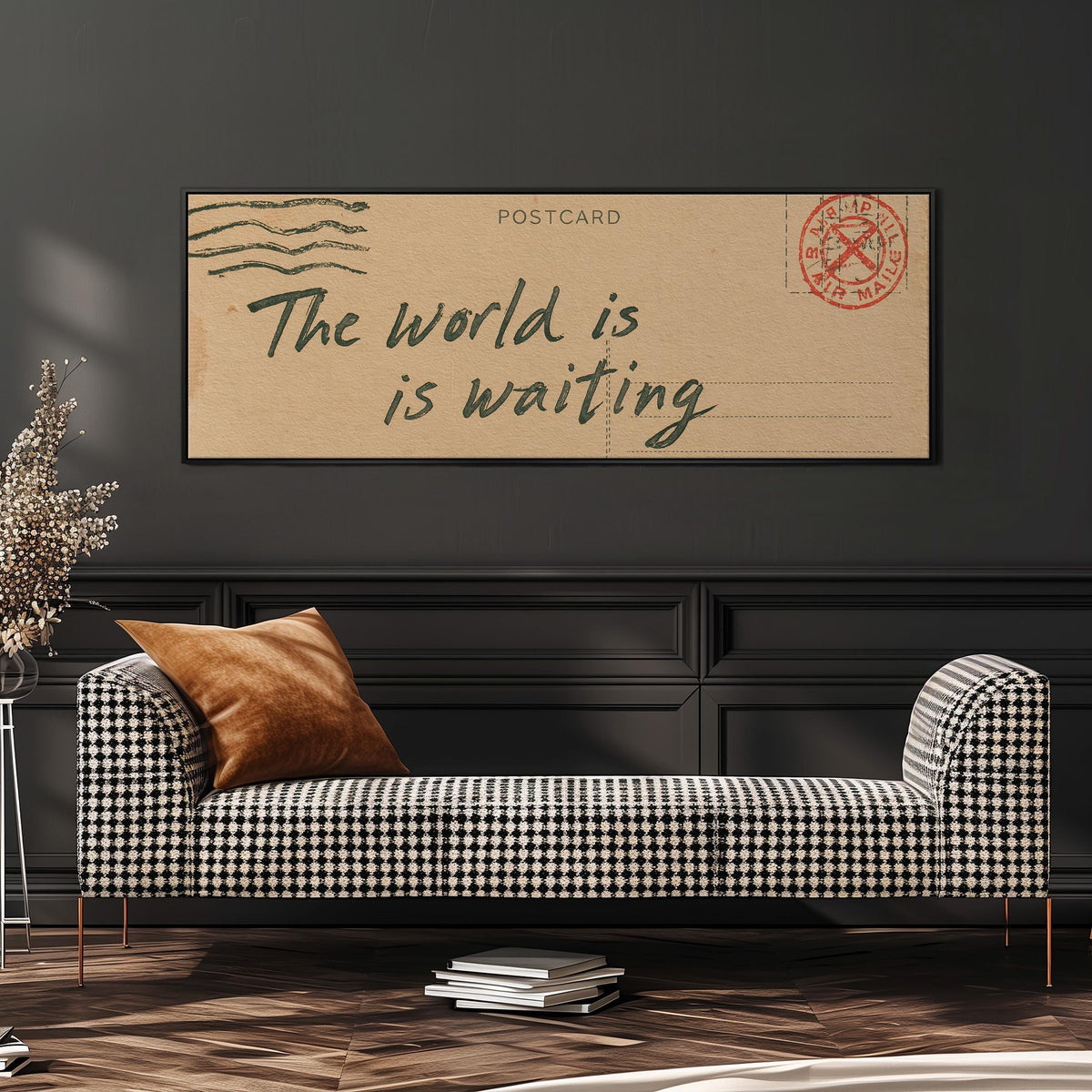 Vintage postcard saying the world is waiting wide panoramic canvas print above a bench in a dark living room