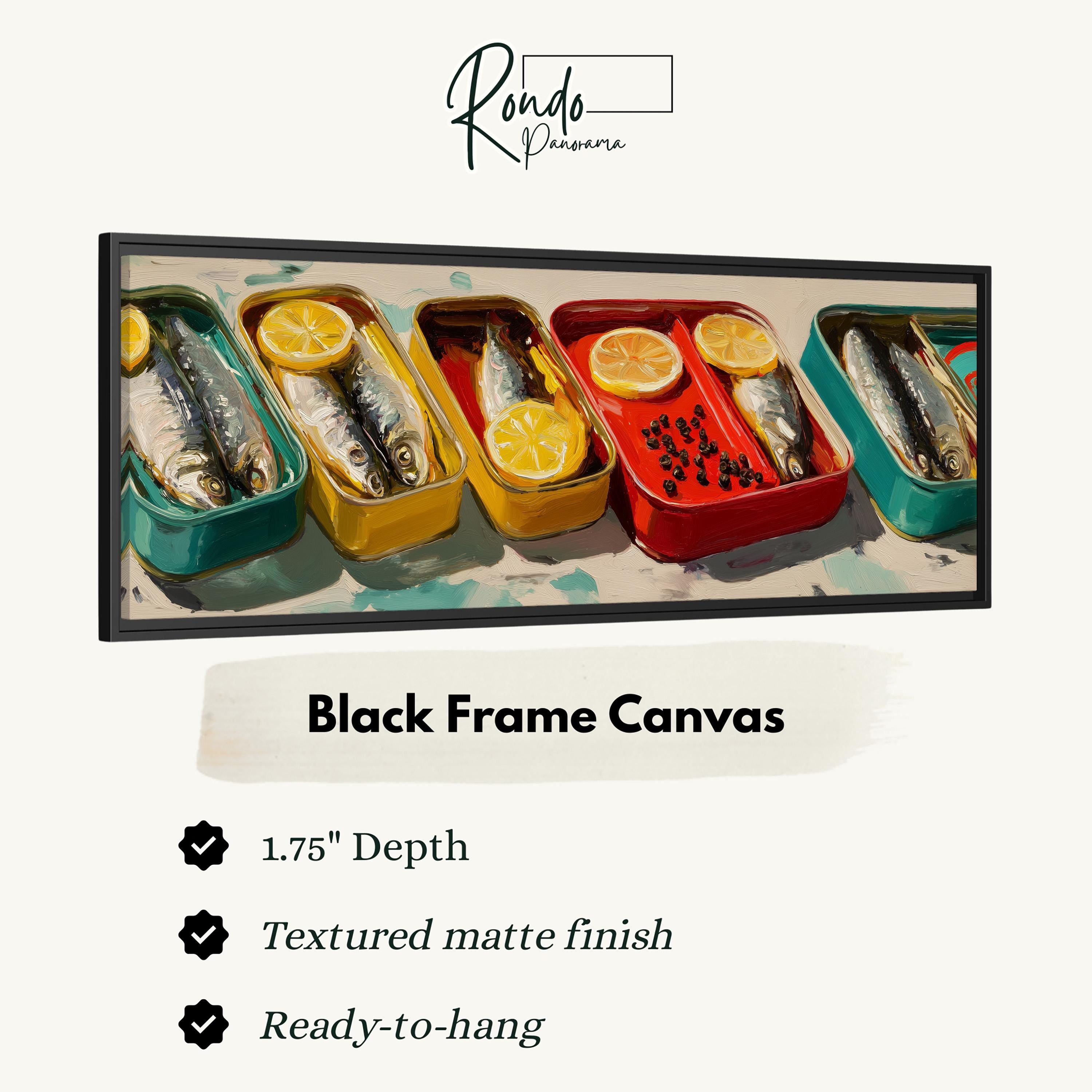 The image is a black frame canvas featuring a close-up of fish in various colored containers, with lemon slices on top.