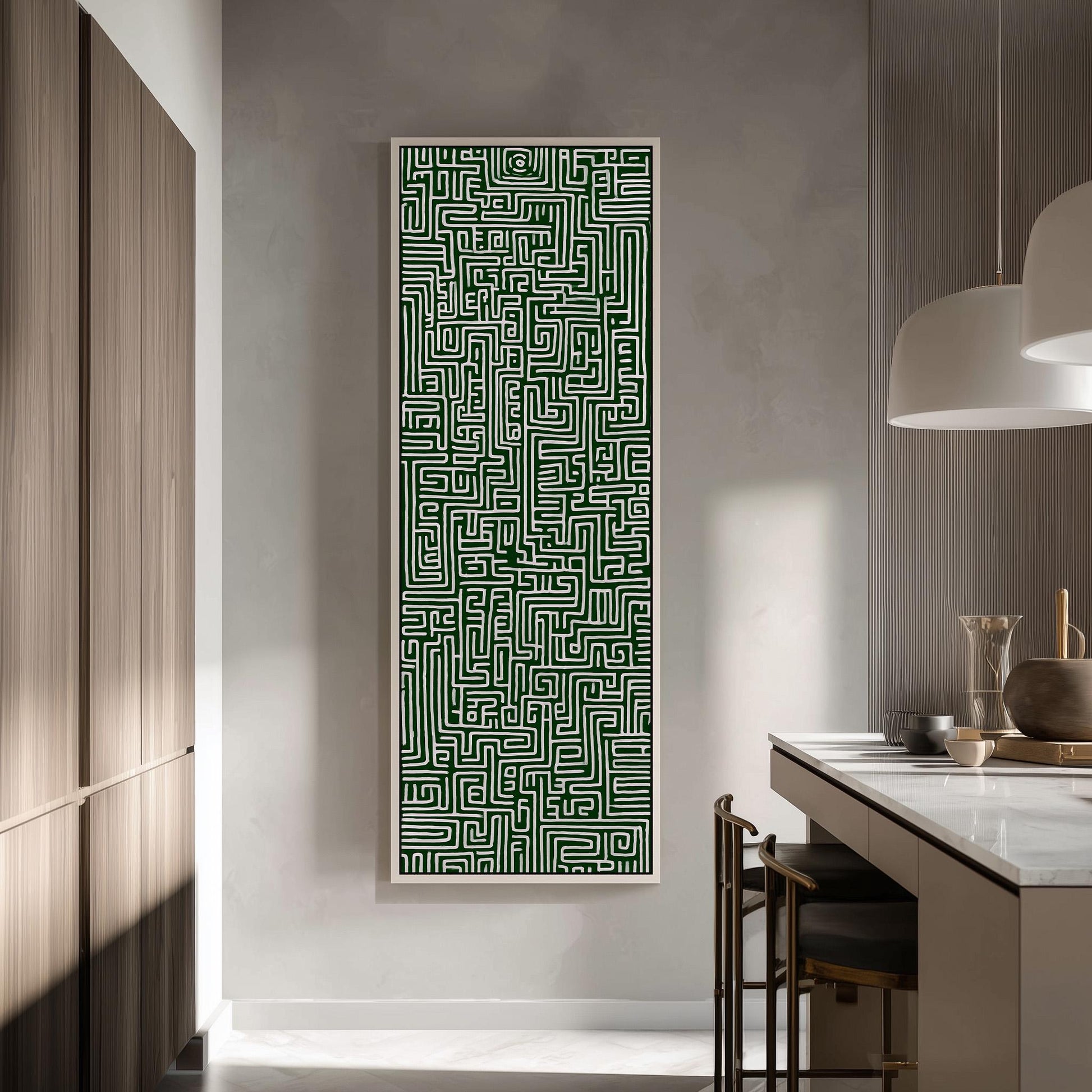 a modern kitchen with a large abstract green and white patterned artwork hanging on the wall.