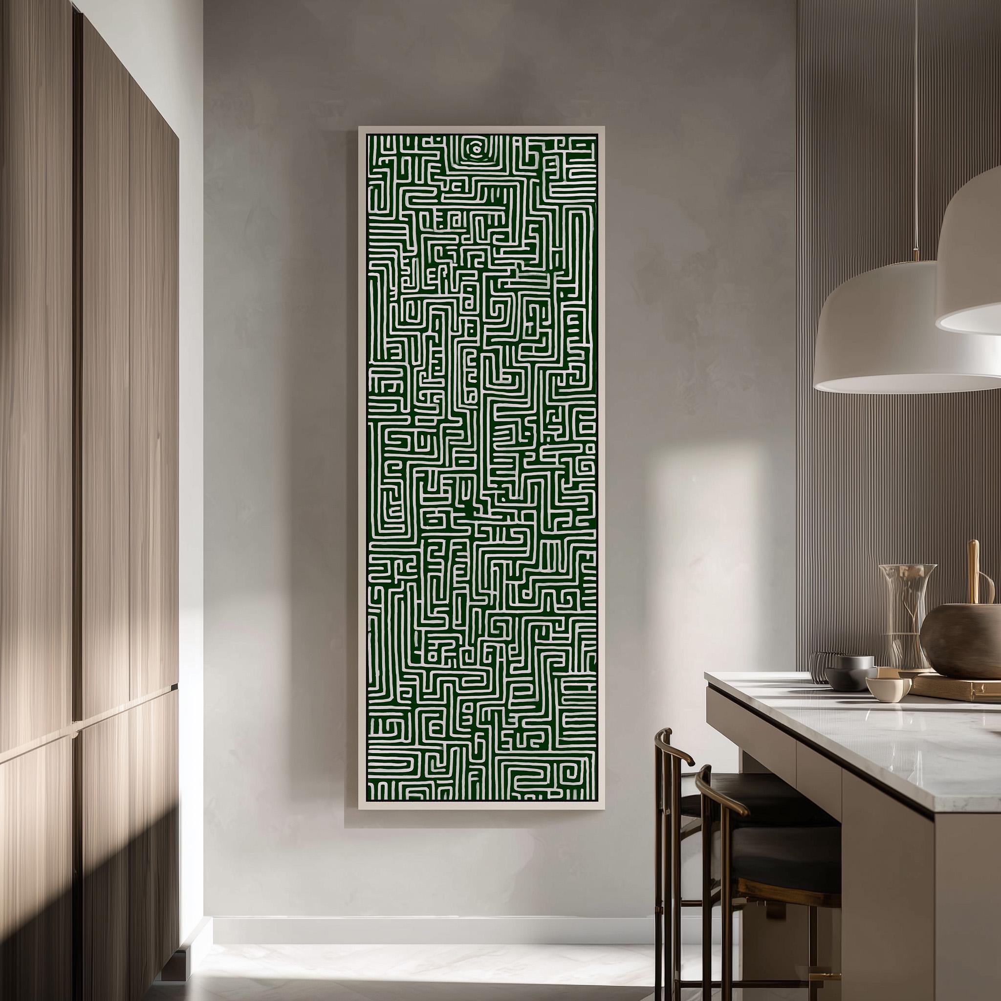 a modern kitchen with a large abstract green and white patterned artwork hanging on the wall.
