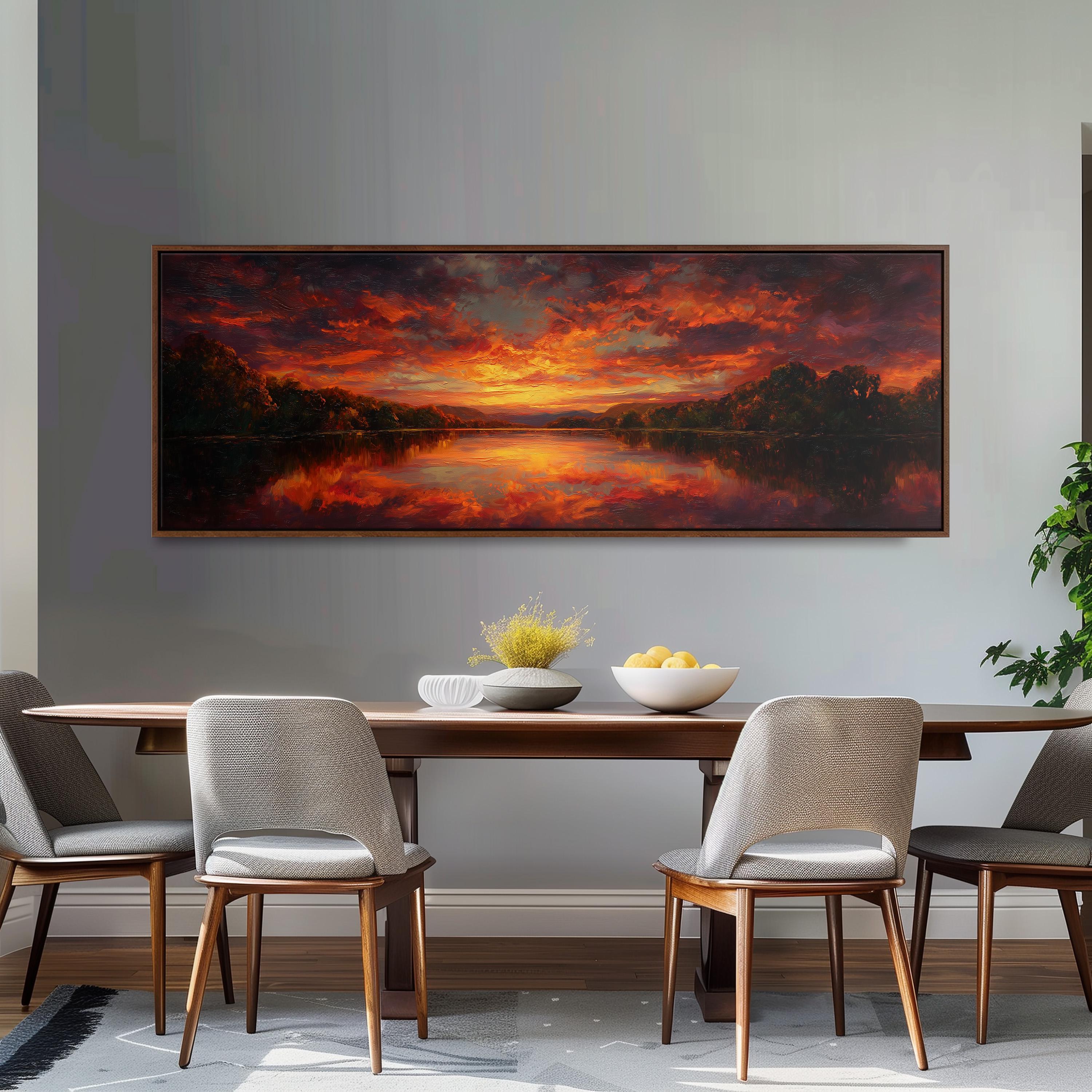 a dining room with a large painting of a sunset landscape hanging on the wall above a wooden dining table with four chairs. The table is set with a bowl of fruit and a vase of flowers, creating a cozy and inviting atmosphere.
