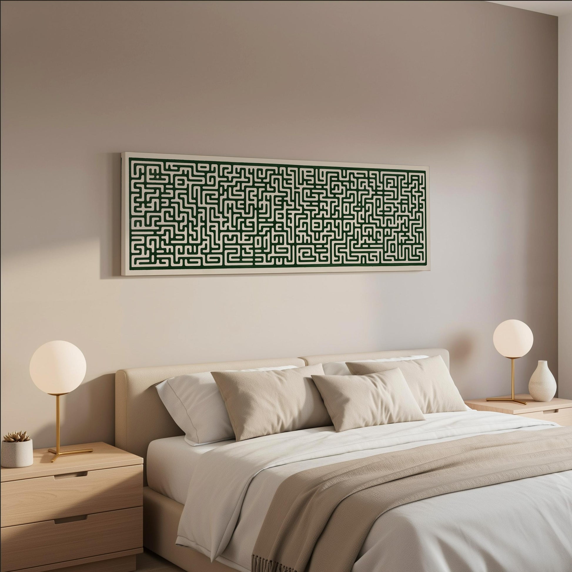 a modern bedroom with a large bed, two nightstands with lamps, and a large abstract painting hanging on the wall above the bed.