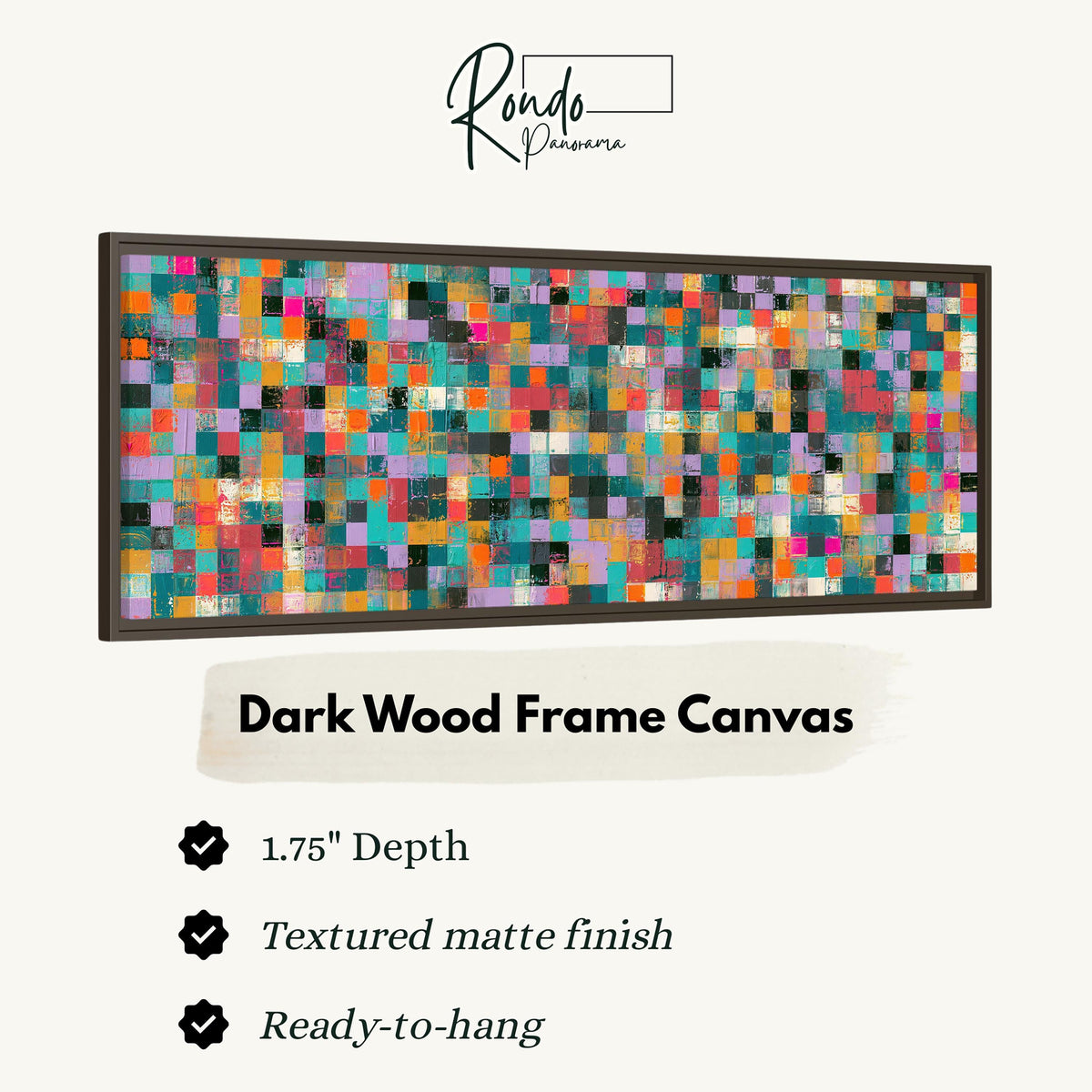Jewel tone checker mosaic canvas print in a dark wood floating frame