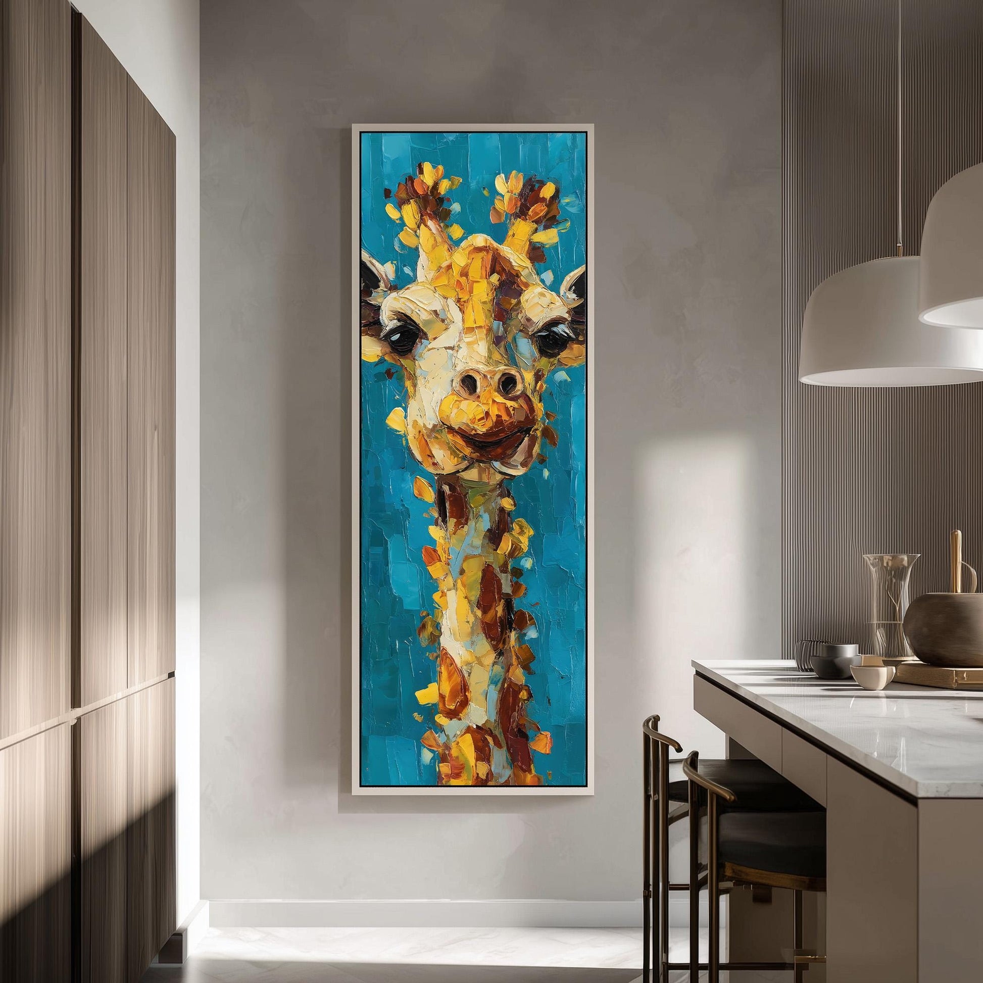 a large, colorful painting of a giraffe hanging on a wall in a modern kitchen.