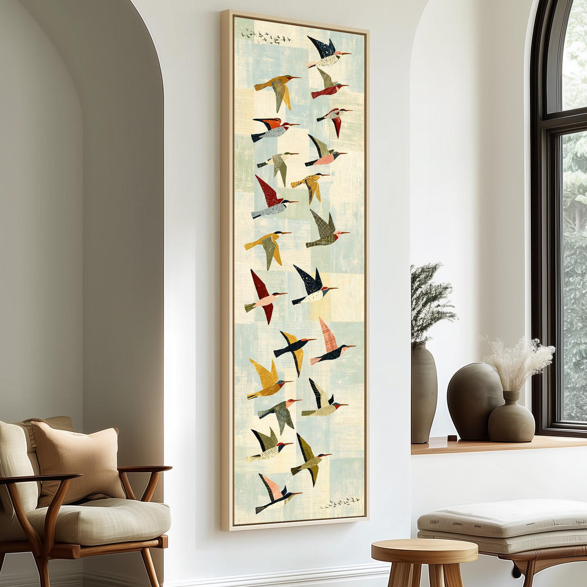 Collage of colorful birds in flight long vertical canvas print in a sunlit living space