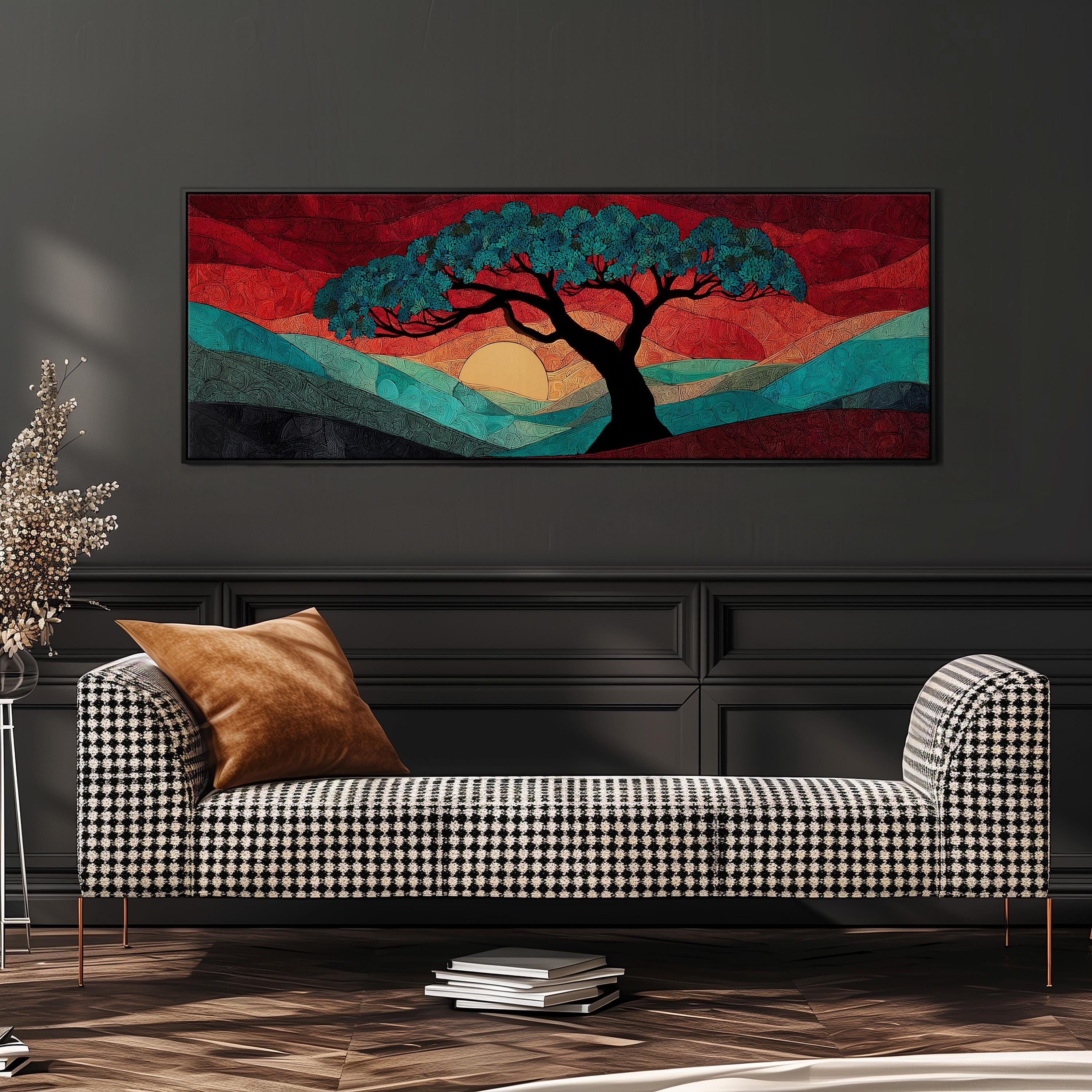 a checkered sofa with a brown throw pillow, set against a wall with a large framed painting depicting a tree with a sunset landscape.