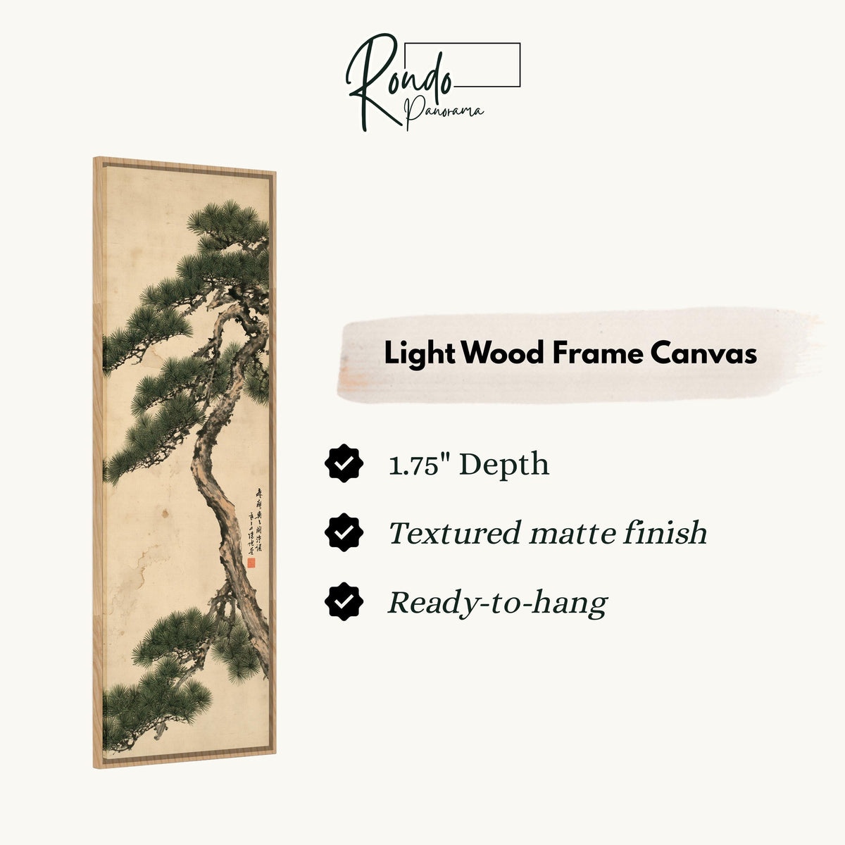 Twisting pine tree with calligraphy canvas print in a light wood floating frame