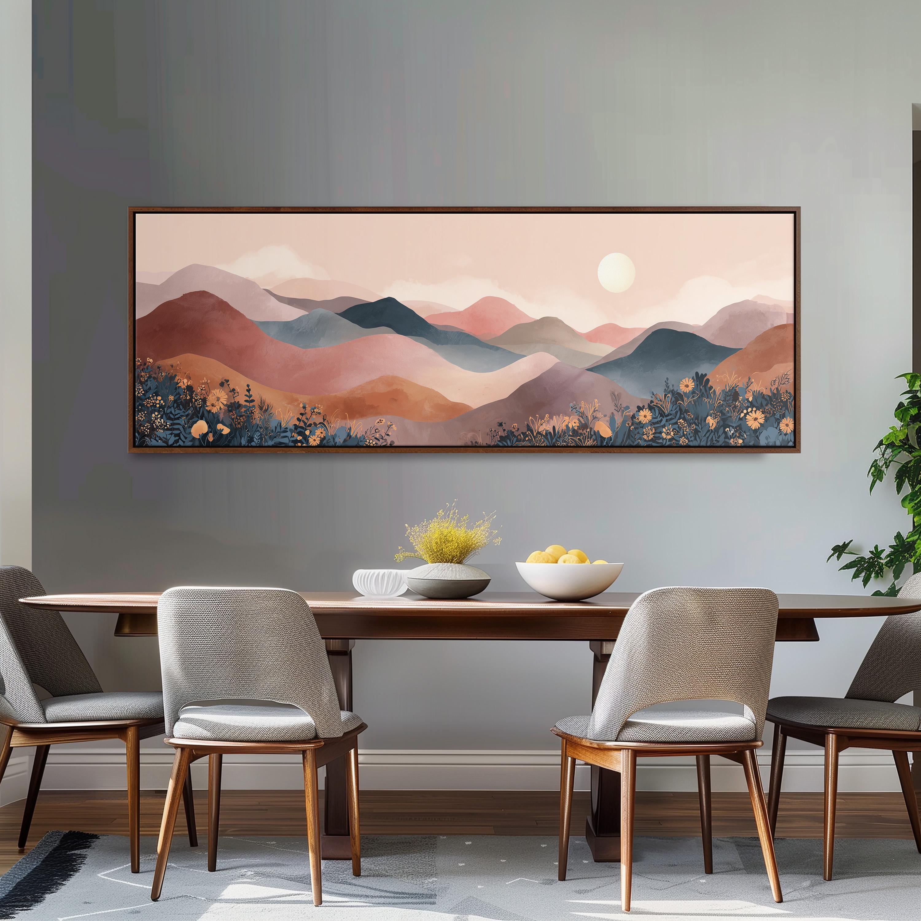 a dining room with a large painting of a mountain landscape hanging on the wall above a wooden dining table with four chairs. The painting depicts a serene mountain scene with a sunset in the background.
