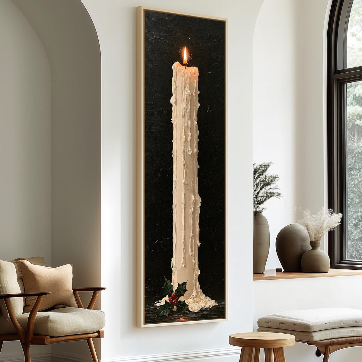 Tall dripping candle with holly tall skinny canvas print in a sunlit living space