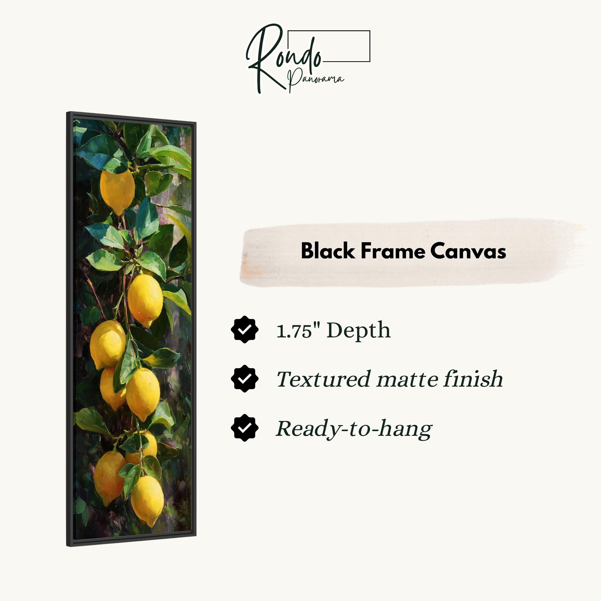 The image is a black frame canvas featuring a painting of lemons hanging from a tree.