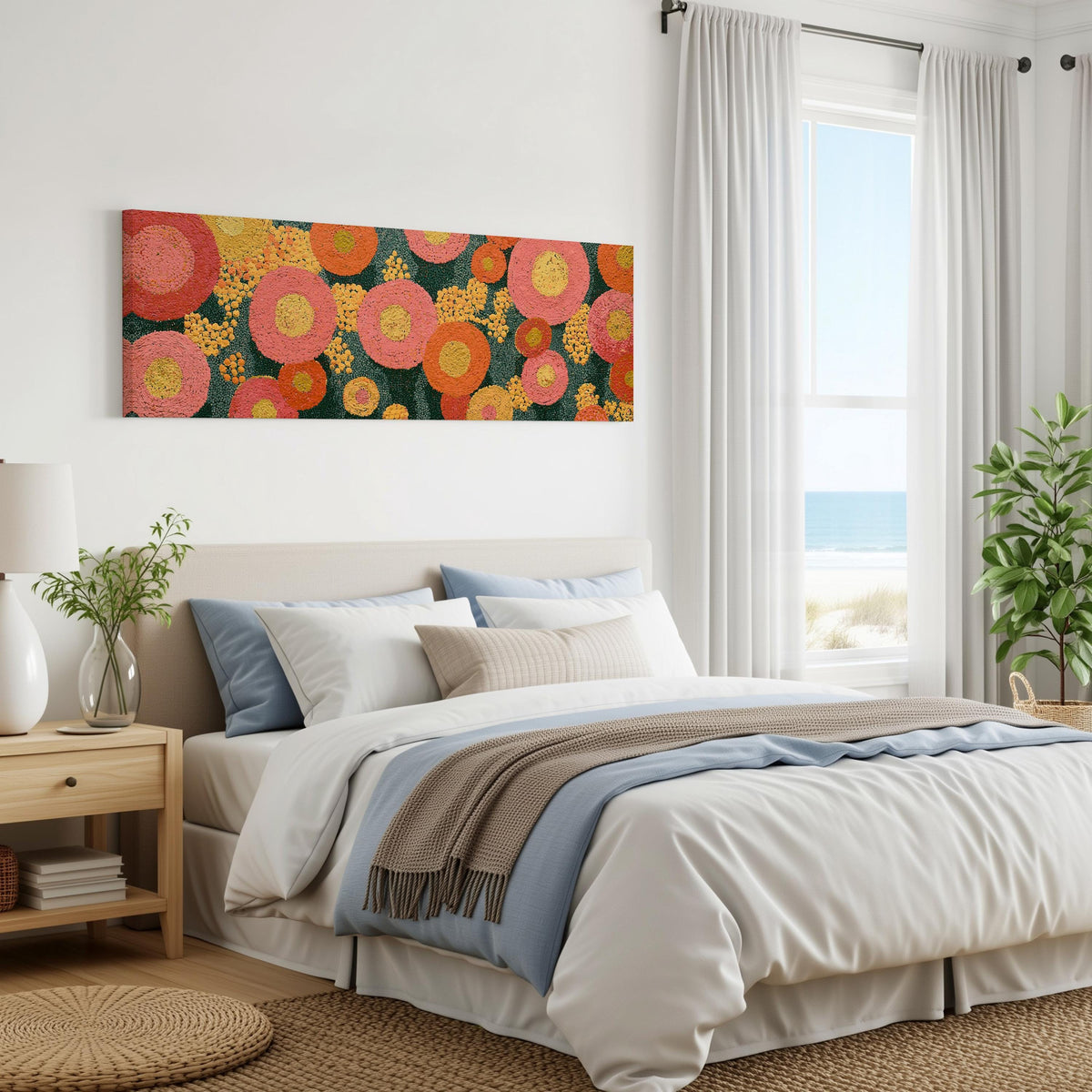 Pink circle blooms panoramic canvas print above a bed in a coastal bedroom