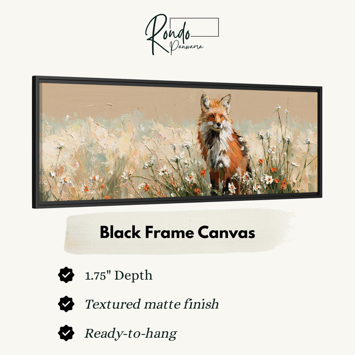 Red fox sitting among white wildflowers canvas print in a black floating frame