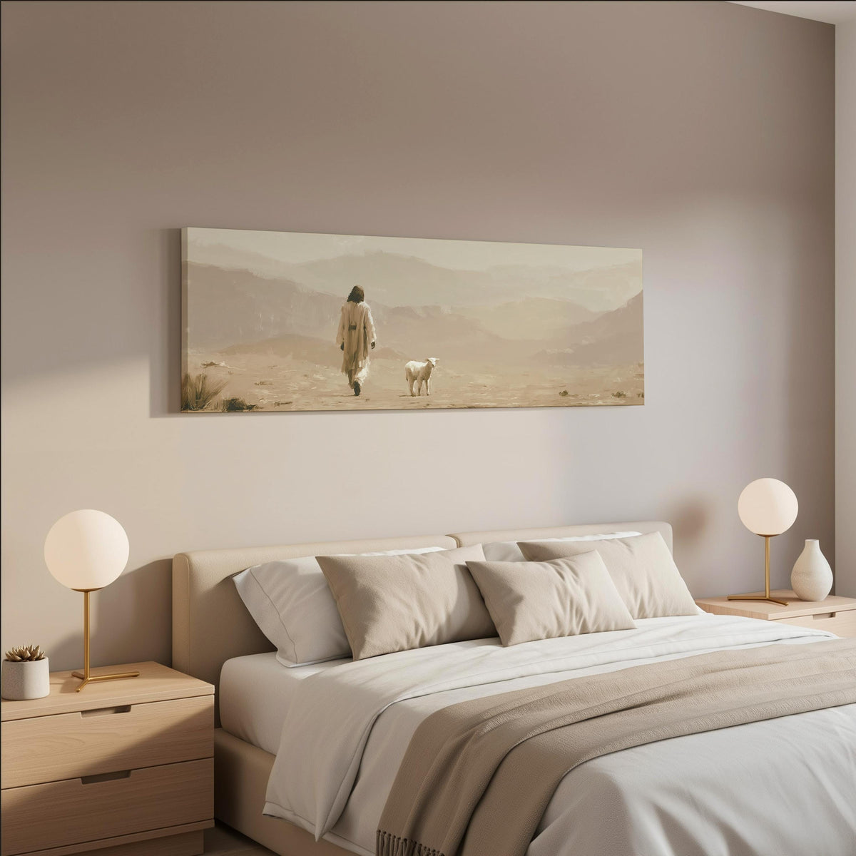 Jesus walking with a lamb through the desert wide panoramic canvas print above a bed in a neutral bedroom