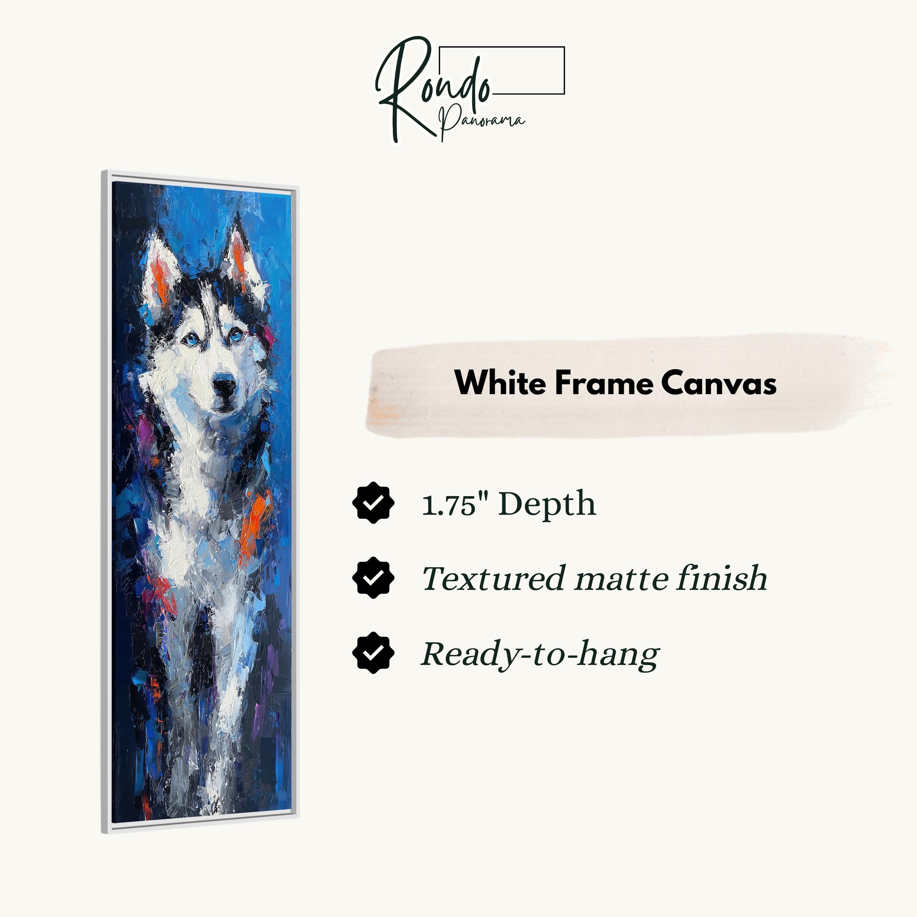 The image is a white frame canvas featuring a painting of a husky dog.