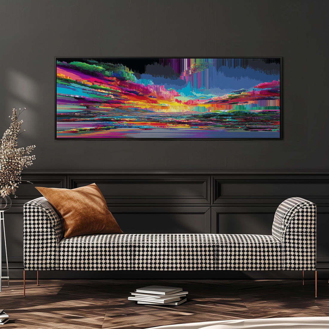 a large, vibrant abstract painting hanging on a wall above a brown sofa.