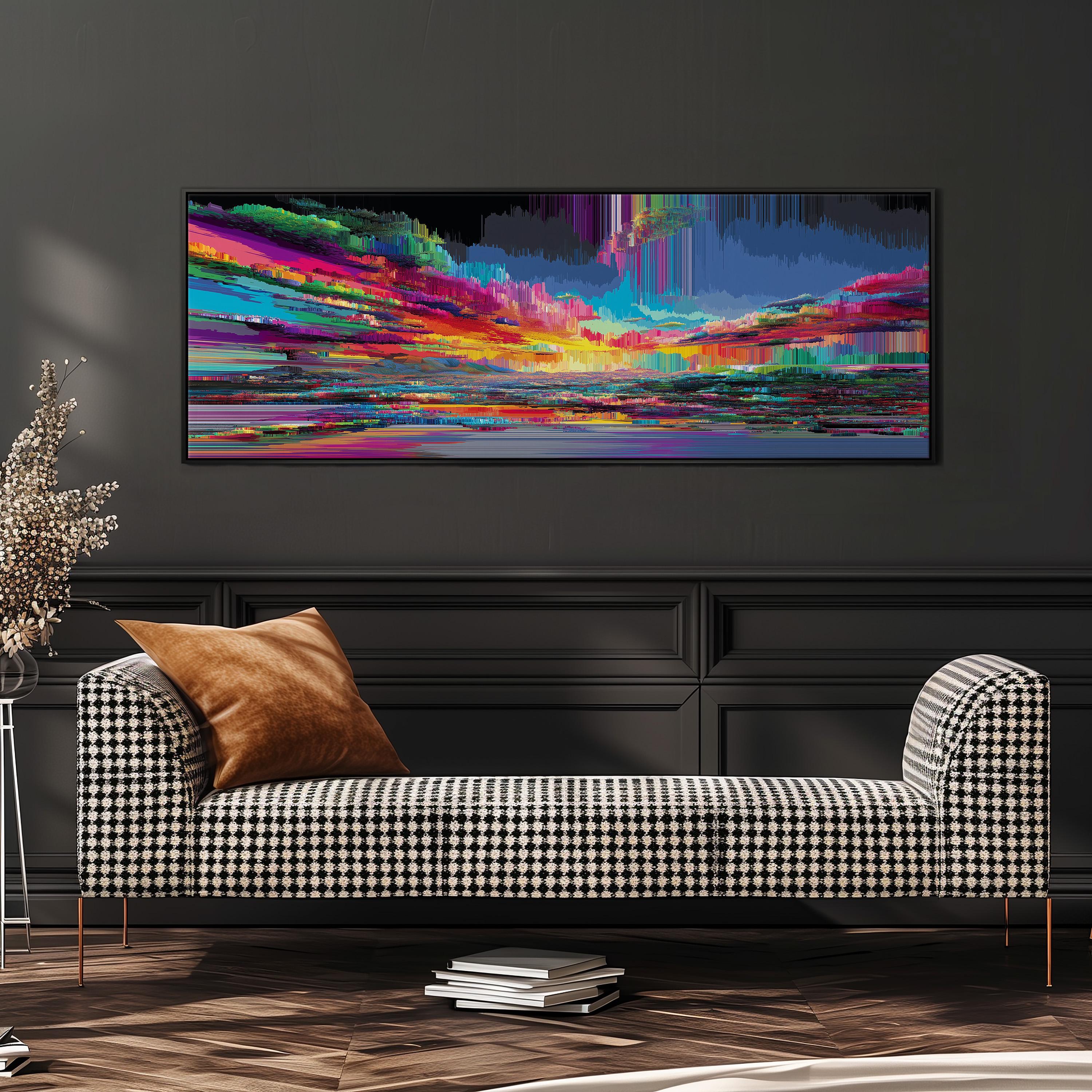 a checkered sofa with a stack of books on the floor in front of it, and a large abstract painting hanging on the wall above.
