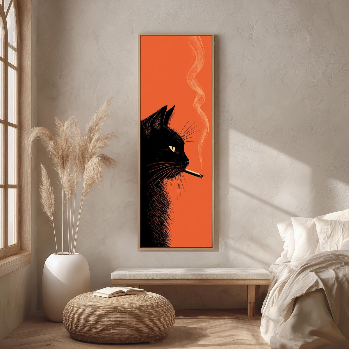 Black cat smoking on orange long vertical canvas print in a bright reading corner