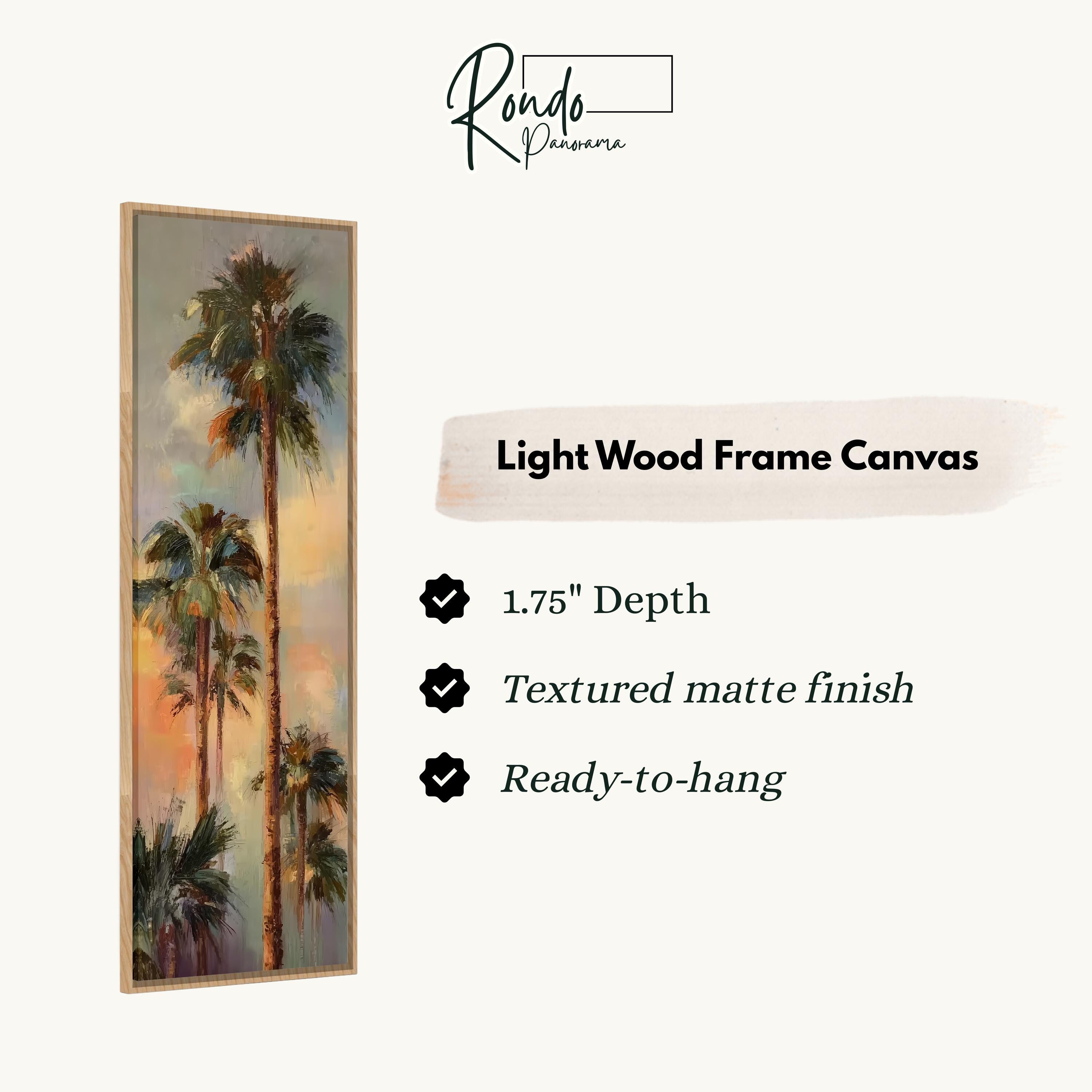 The image is a light wood frame canvas depicting a tropical scene with palm trees.