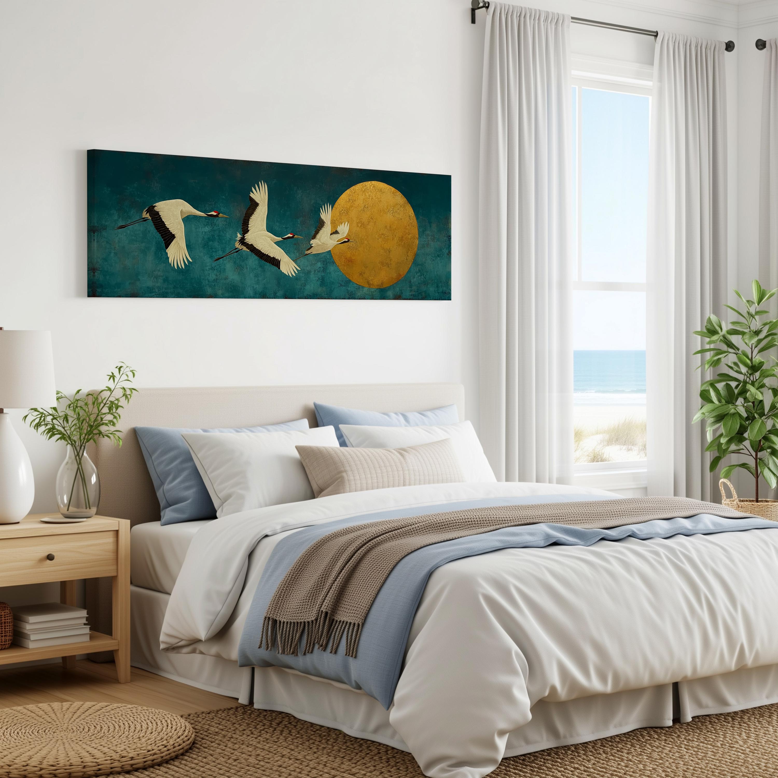 a serene bedroom scene with a large bed, a nightstand, and a painting of three birds flying over a beach.