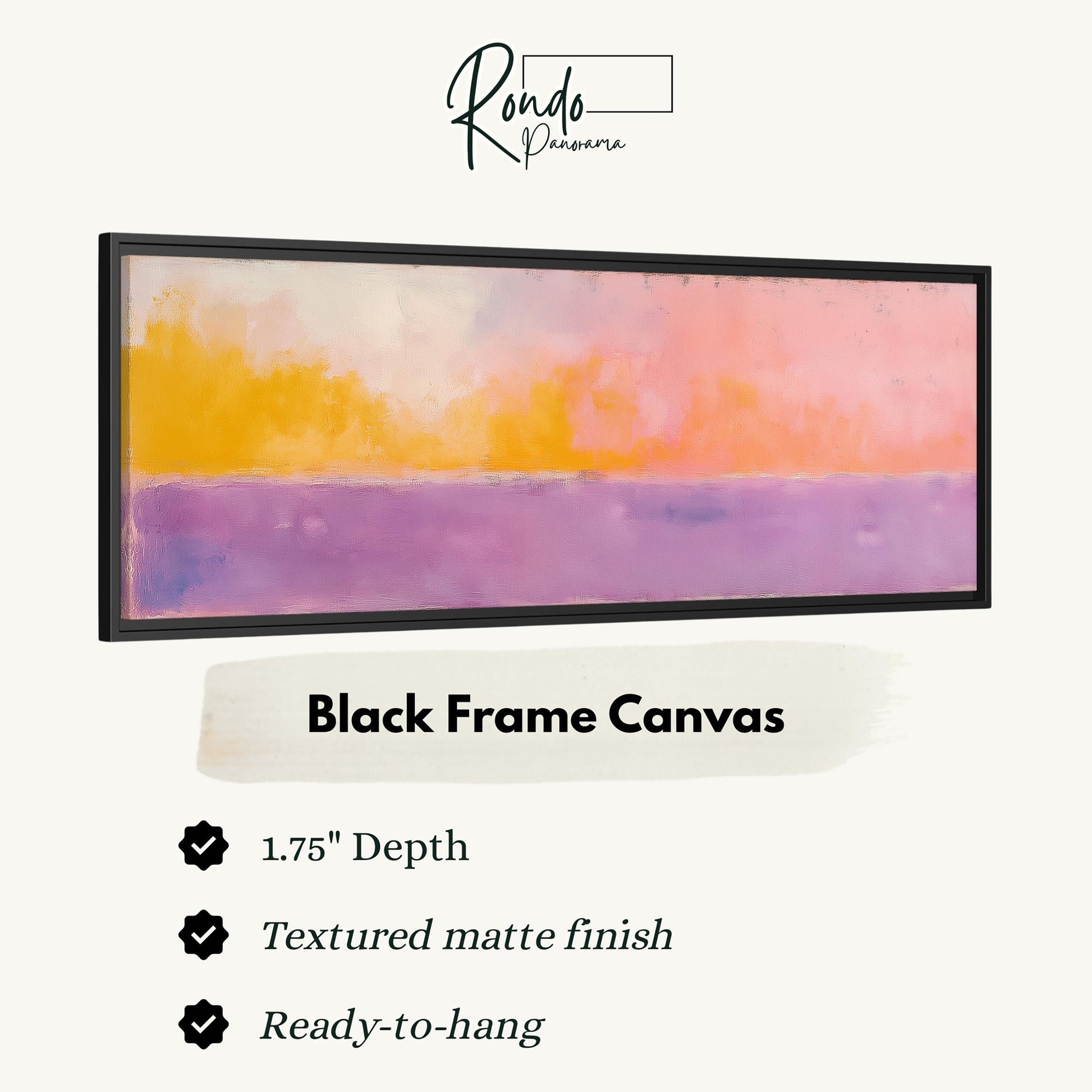 The image is a black frame canvas with a textured matte finish, measuring 1.75" in depth. It is ready to hang and has a textured matte finish.