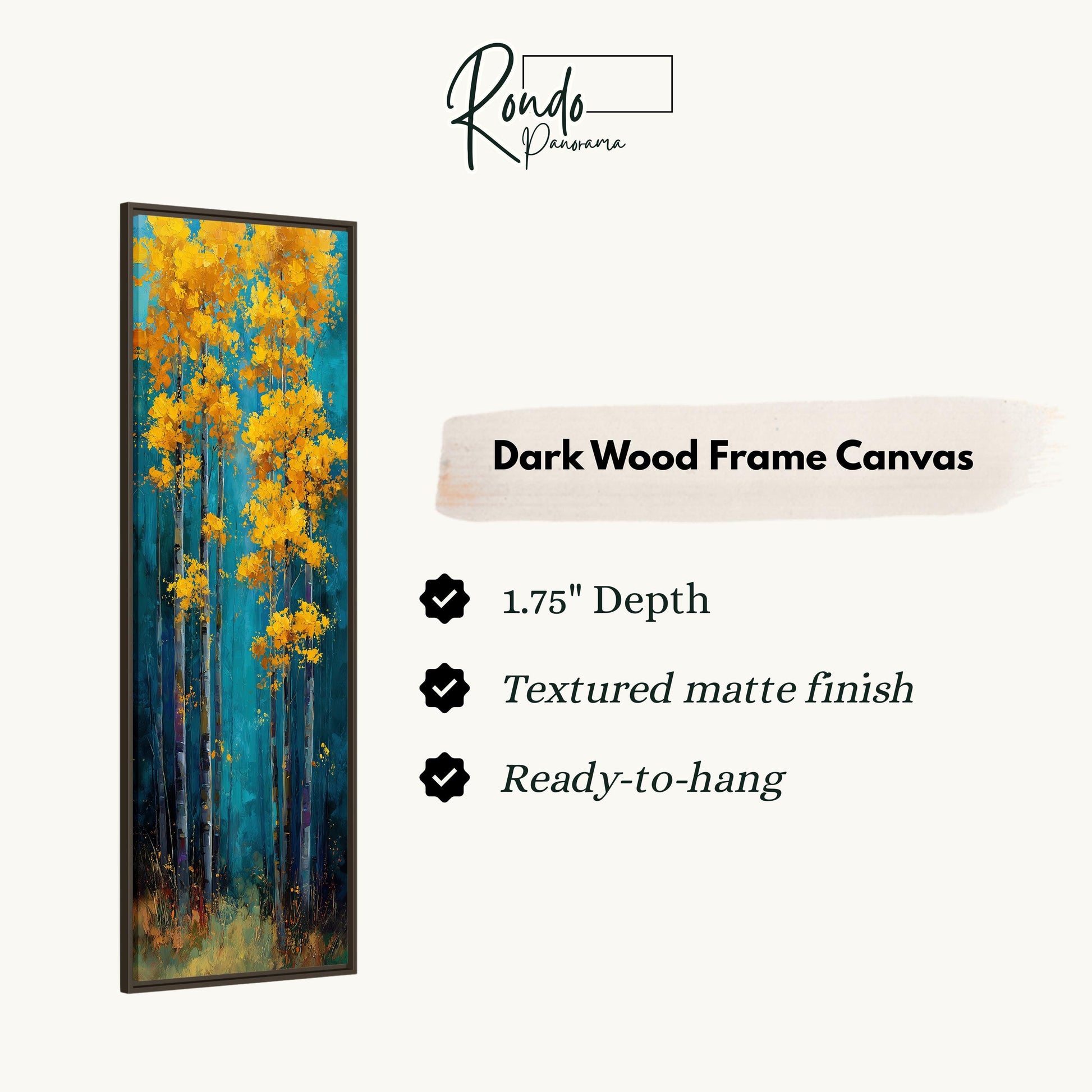 The image is a rectangular dark wood frame canvas with a painting of yellow trees on it. The canvas has a 1.75" depth, is textured with a matte finish, and is ready to hang.
