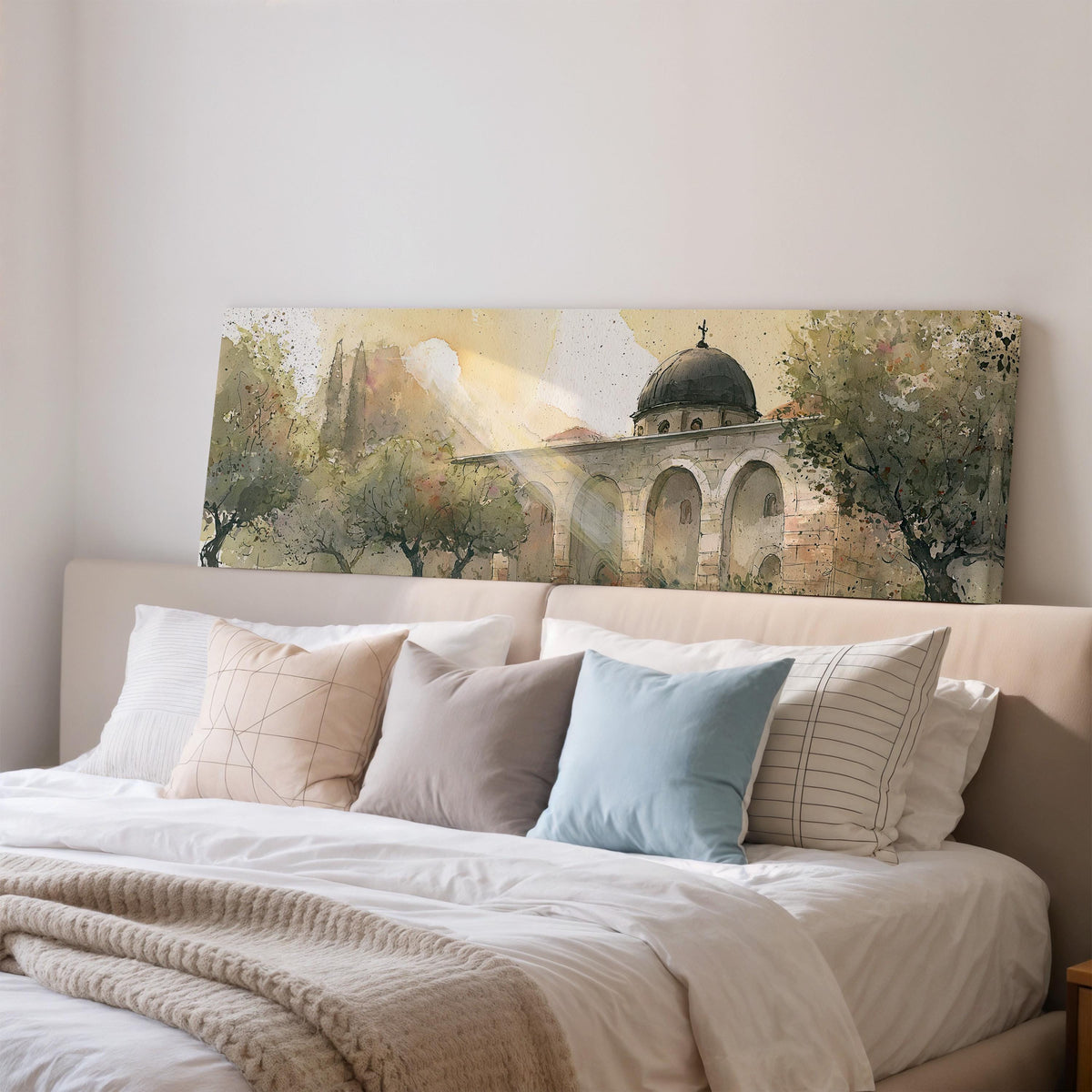 Domed mosque courtyard in watercolor wide panoramic canvas print above a bed in a bedroom
