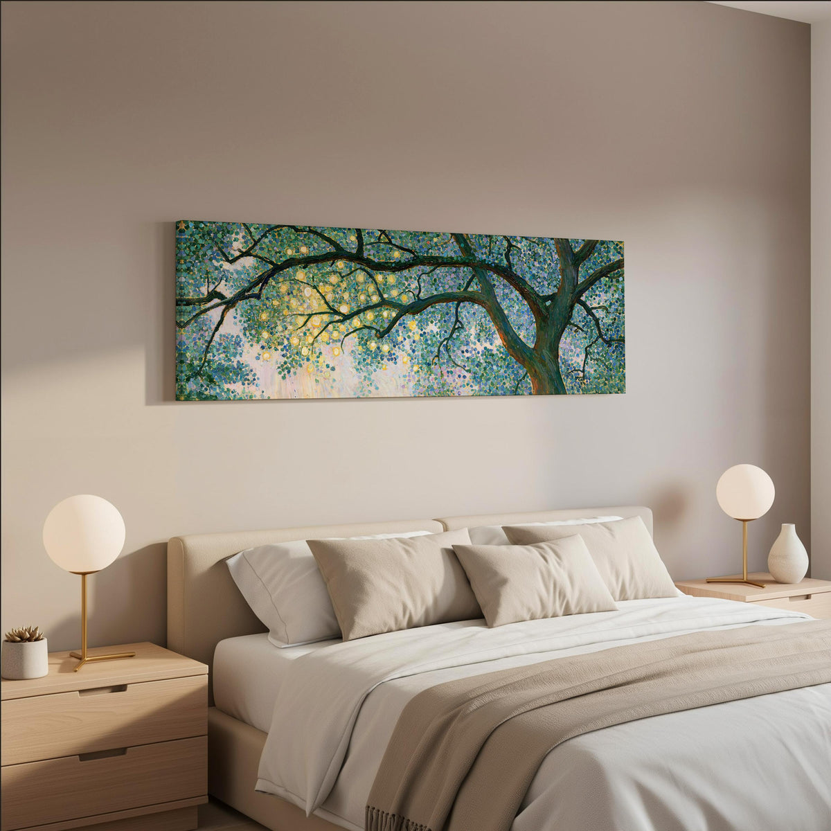 Tree canopy with golden light wide panoramic canvas print above a bed in a neutral bedroom
