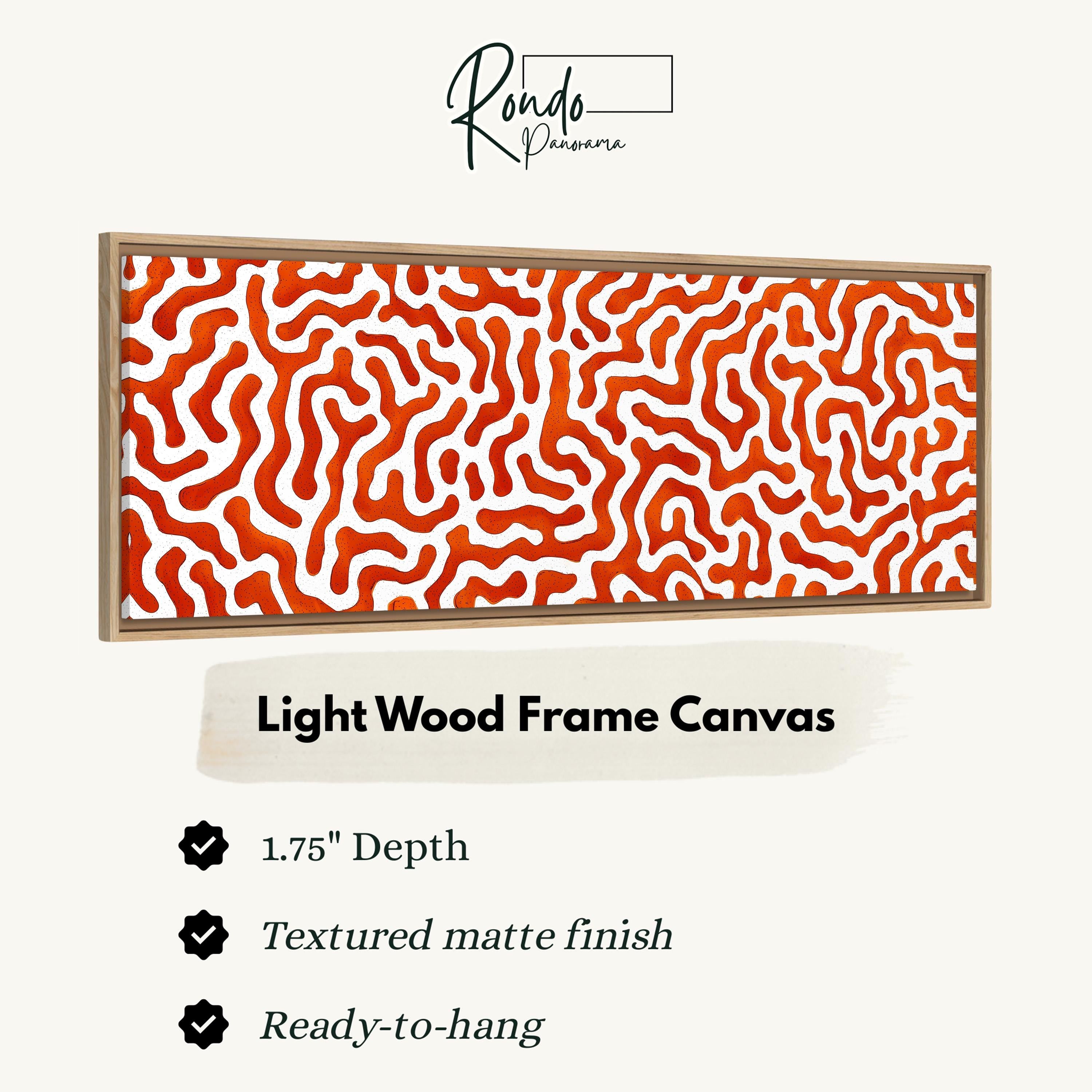 a light wood frame canvas with a marbled pattern in shades of orange and white.