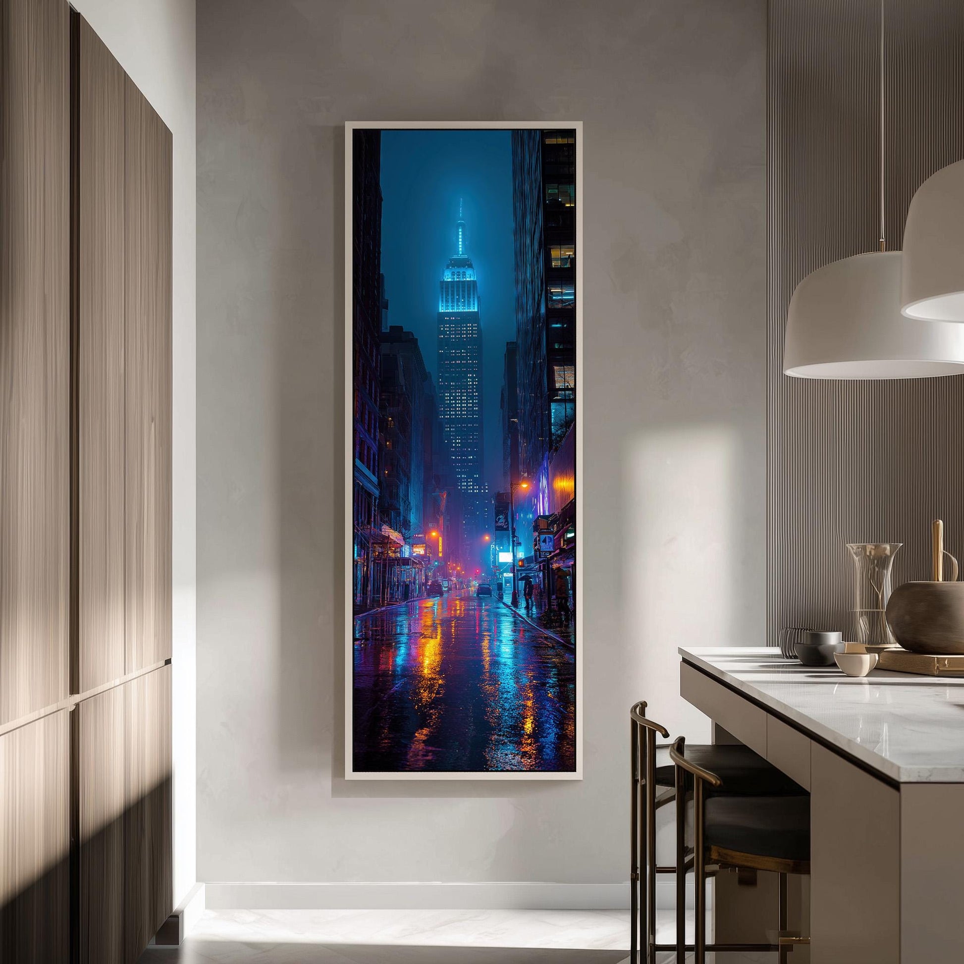 a vibrant cityscape at night, with the illuminated Empire State Building standing tall against the dark sky. The street below is illuminated by the city lights, creating a mesmerizing reflection on the wet pavement.