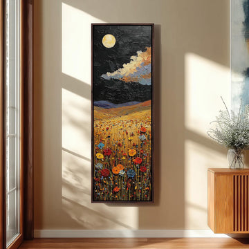 a large, colorful painting of a field of flowers hanging on a wall.