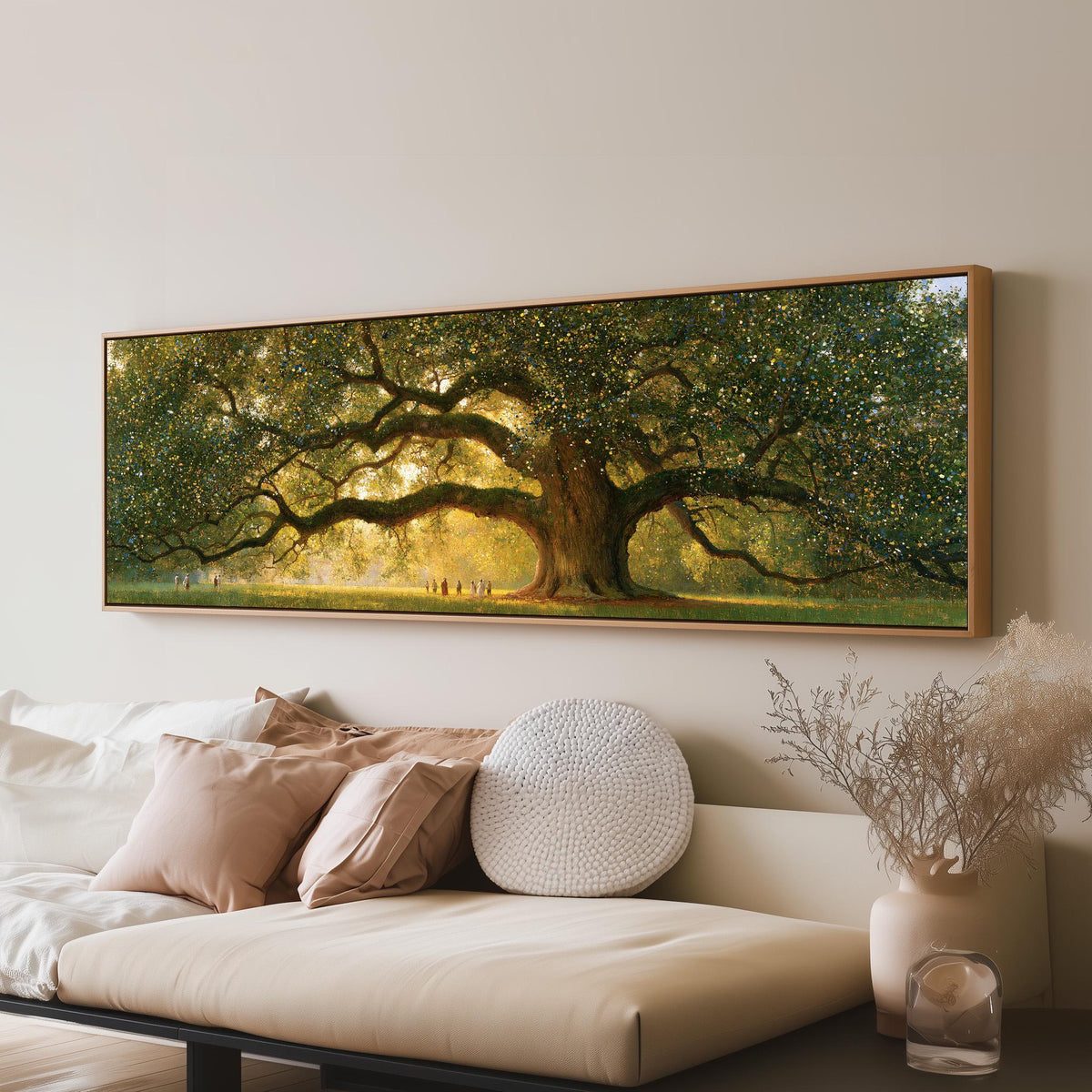 Golden oak tree in a park panoramic canvas print above a sofa in a living room