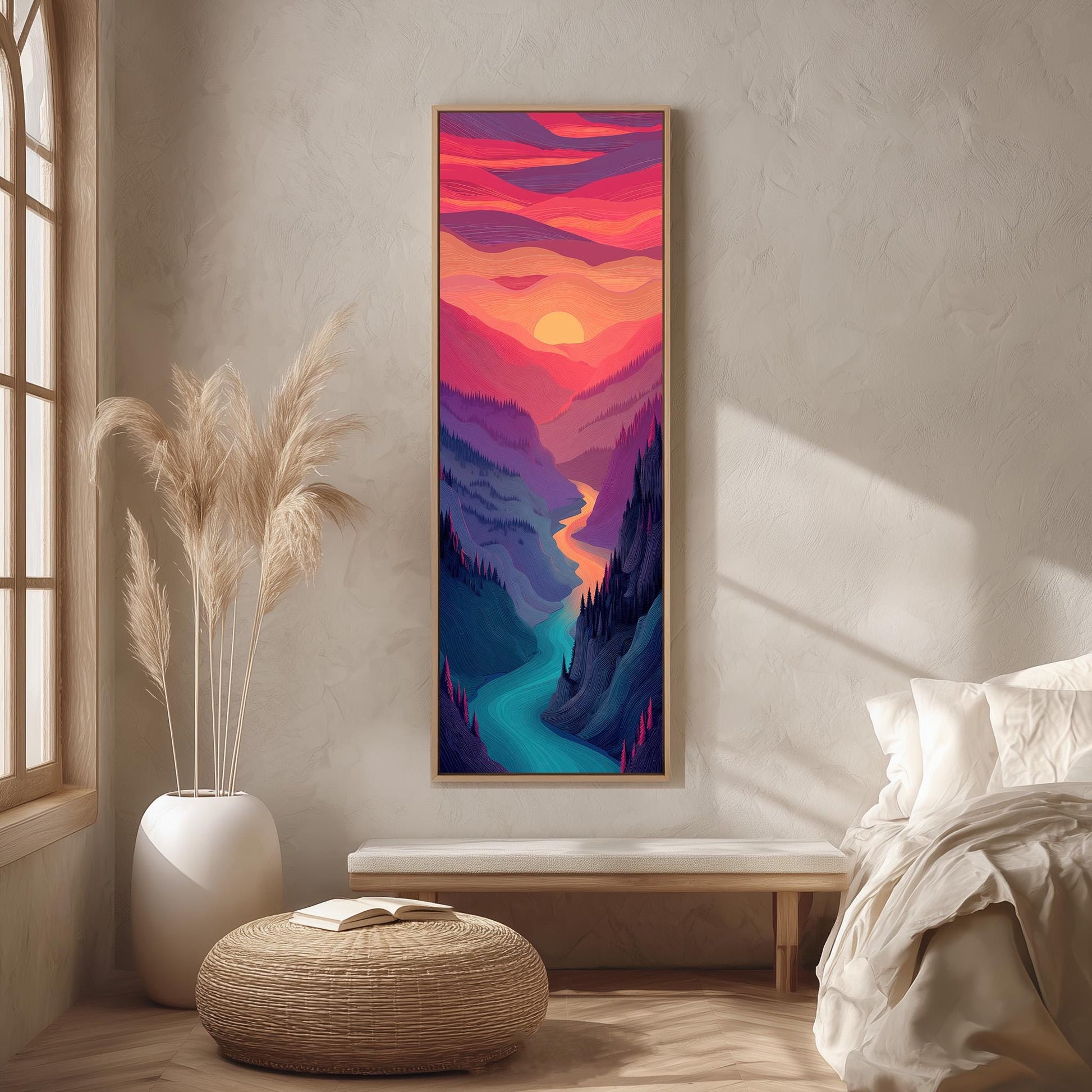 a large, colorful painting of a mountain landscape hanging on a wall in a room with a bed, a potted plant, and a woven ottoman.