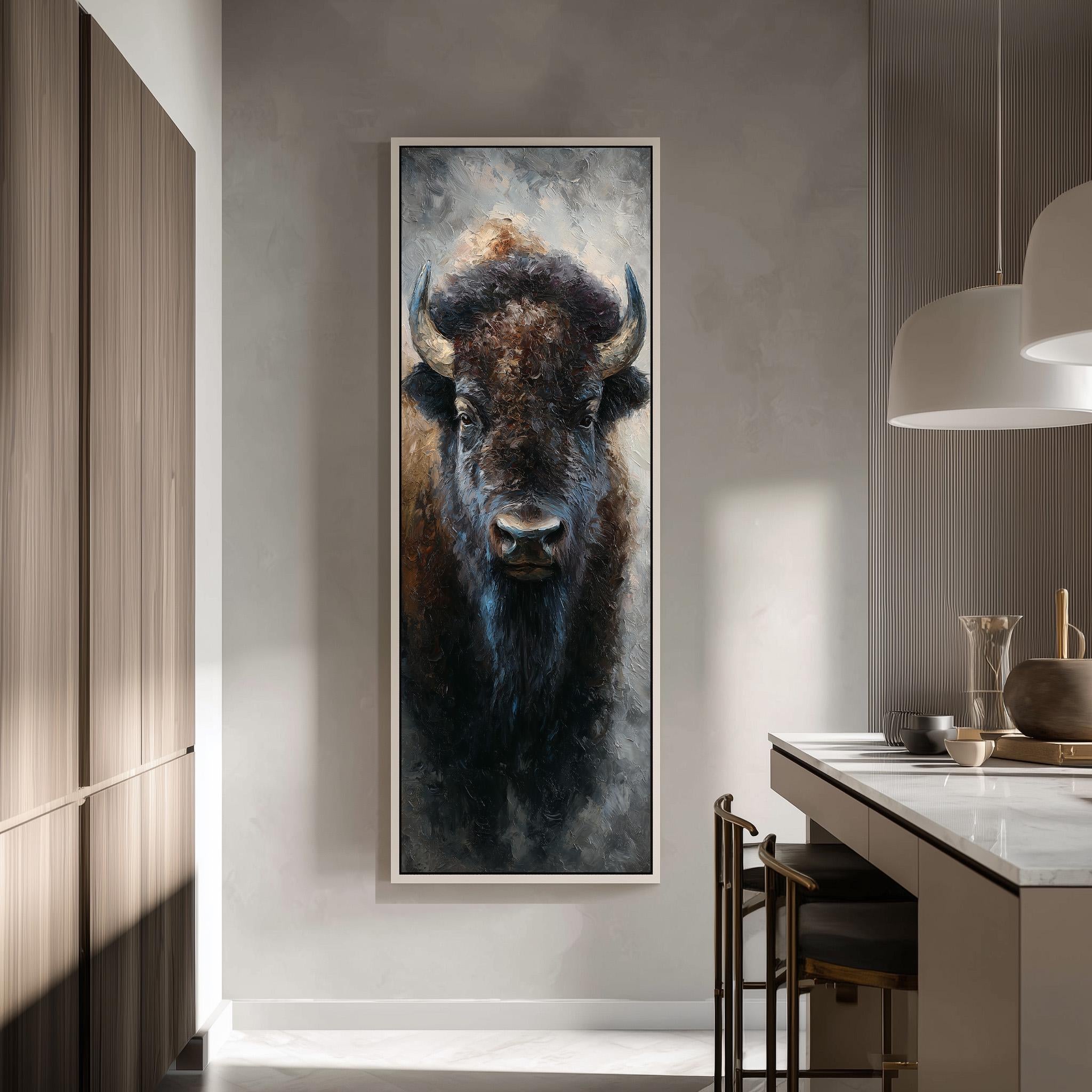 a large painting of a buffalo's face hanging on a wall in a modern kitchen.
