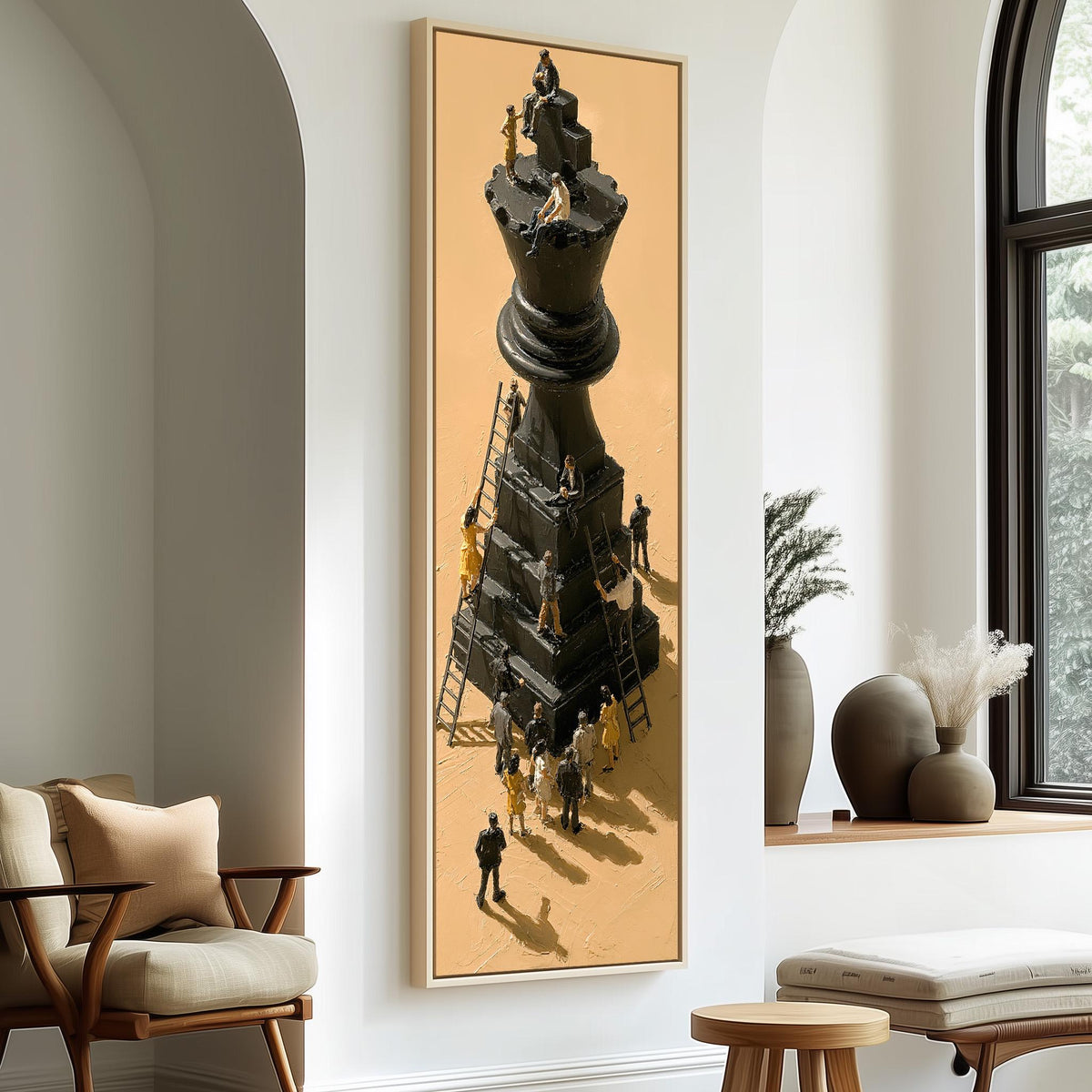 Tiny workers climbing a giant chess king tall skinny canvas print in a sunlit living space