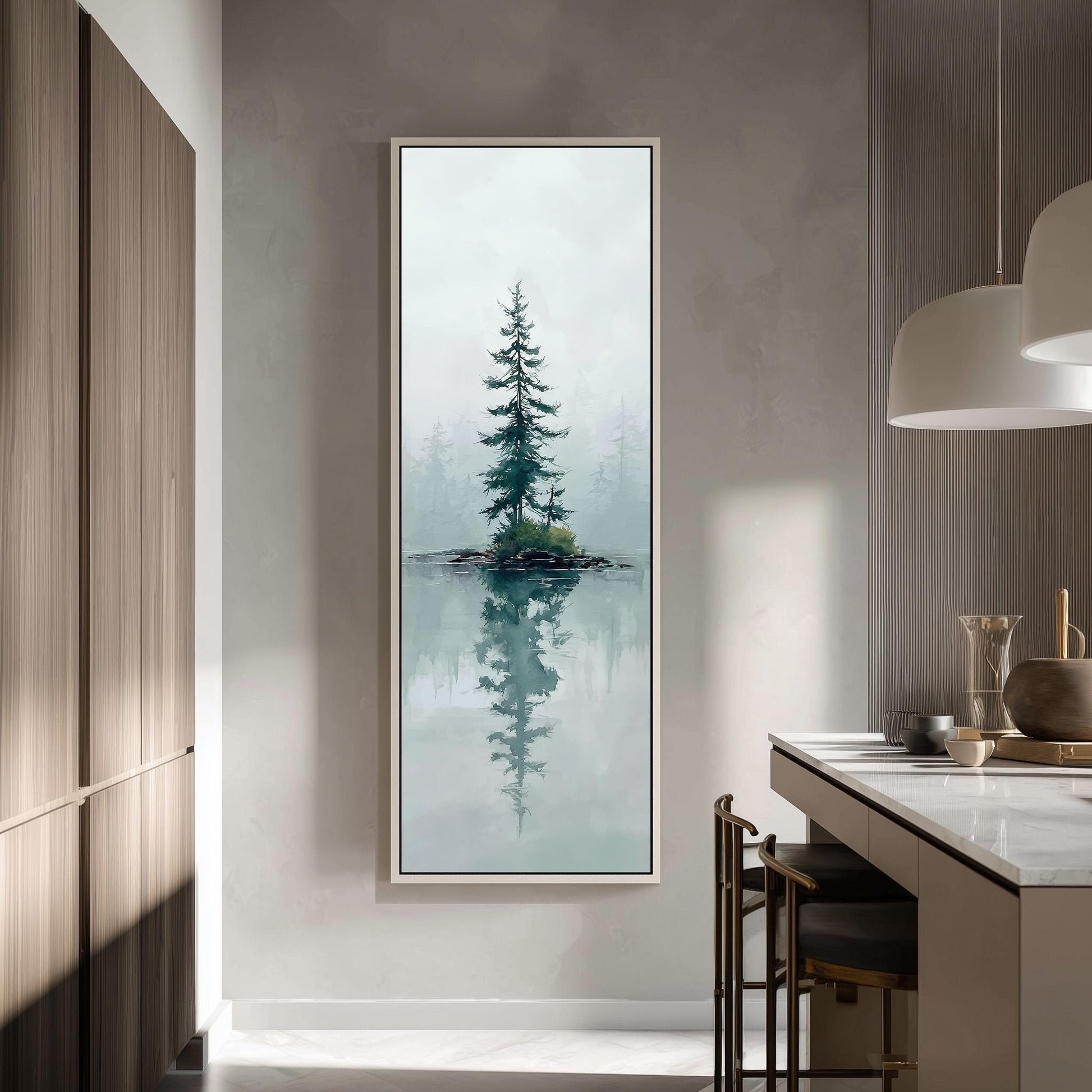 a large painting of a tree reflected in a body of water, creating a serene and tranquil atmosphere.