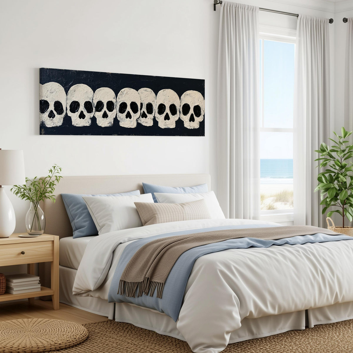 Row of white skulls on navy panoramic canvas print above a bed in a coastal bedroom