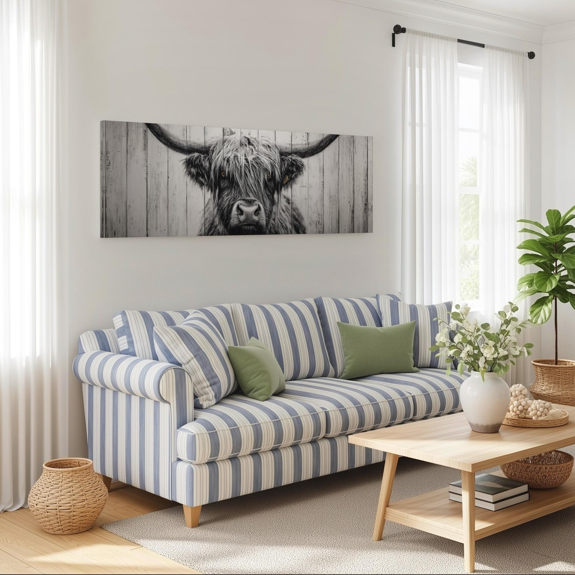 a living room with a striped blue and white sofa, a wooden coffee table, and a large black and white bull's head artwork hanging on the wall above the sofa.