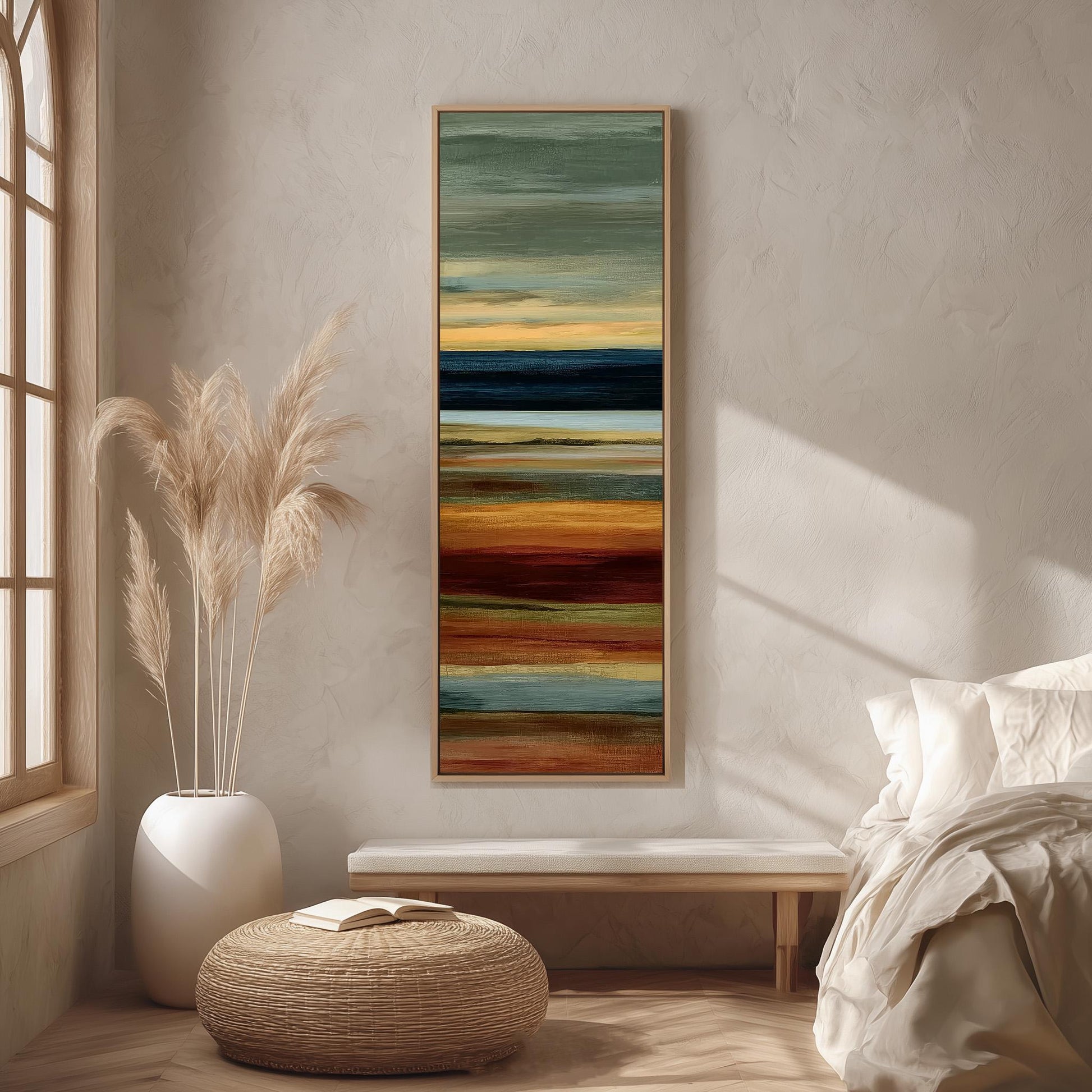 a serene and modern bedroom with a large abstract painting hanging on the wall, a white bed with a white pillow, a white ottoman, and a tall potted plant.