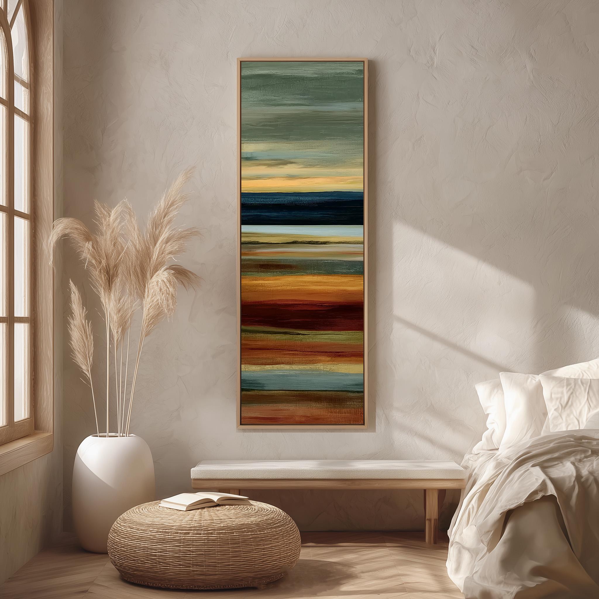 a serene and modern bedroom with a large abstract painting hanging on the wall, a white bed with a white pillow, a white ottoman, and a tall potted plant.