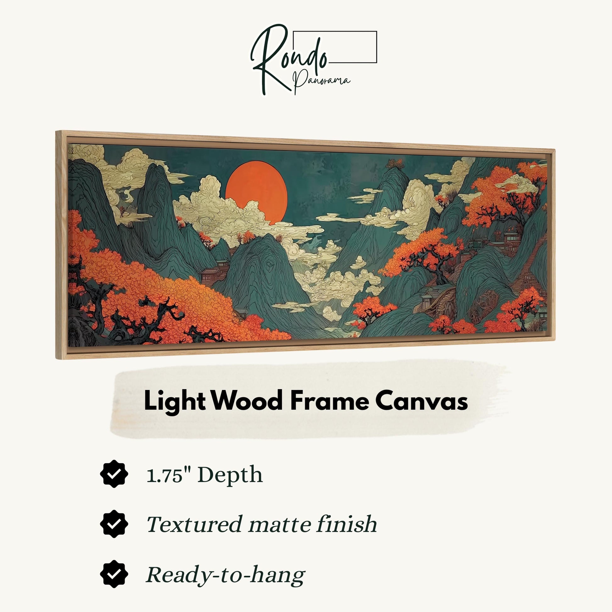 The image is a framed artwork depicting a landscape with mountains, trees, and a large orange sun in the sky.