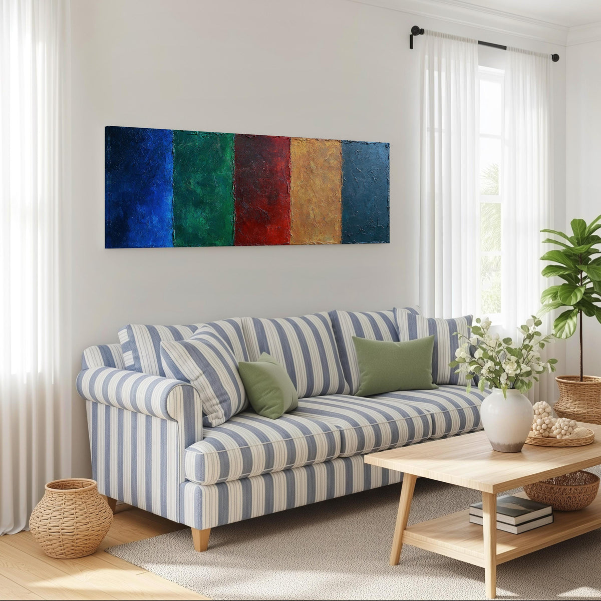 Textured jewel tone vertical bands long horizontal canvas print above a striped sofa in a coastal living room